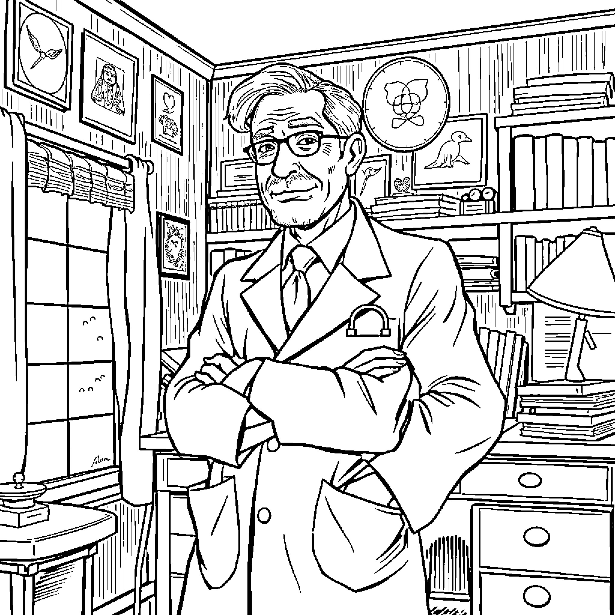Loid standing confidently with arms crossed in an office Coloring Page (free black-and-white line drawing printable PDF for all, from beginners to advanced learners, including children, teens, adults, and seniors)