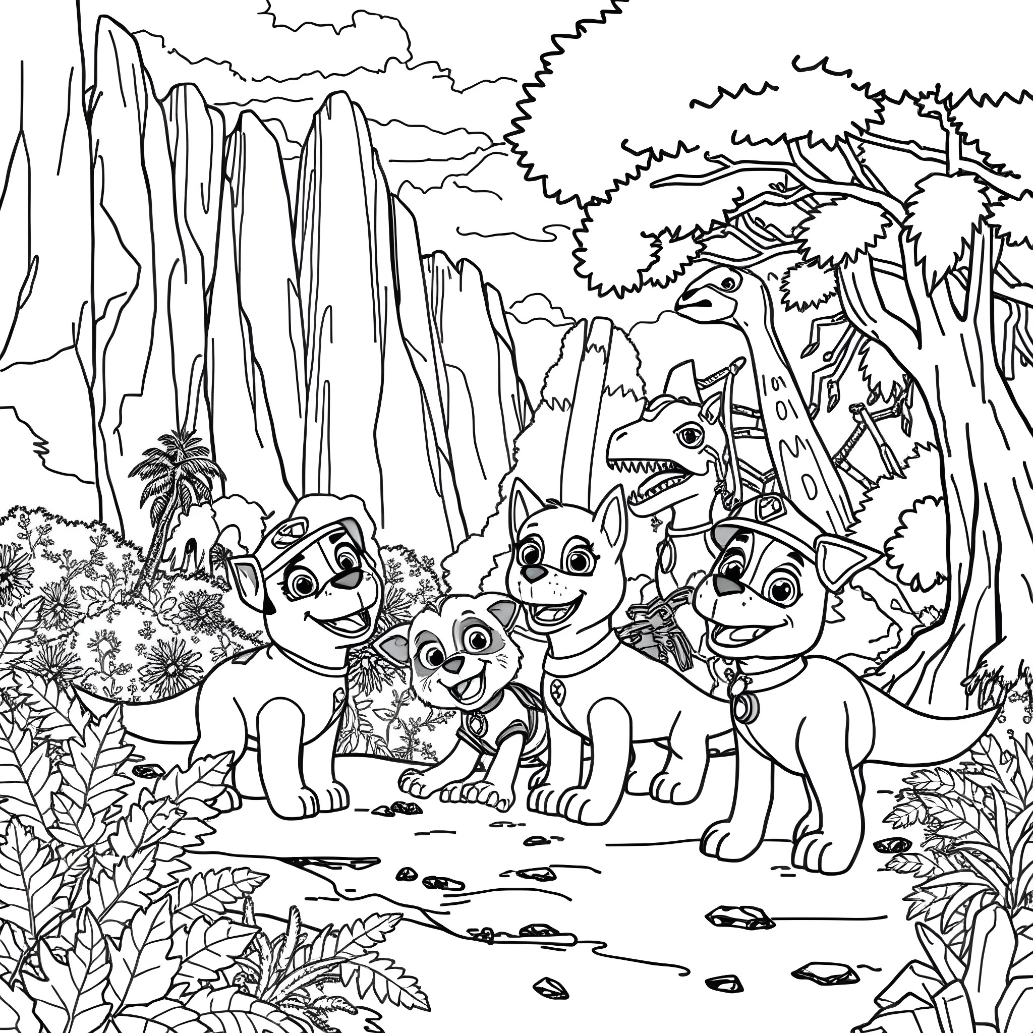 Dinosaur family exploring lush prehistoric landscape Coloring Page (free black-and-white line drawing printable PDF for all, from beginners to advanced learners, including children, teens, adults, and seniors)