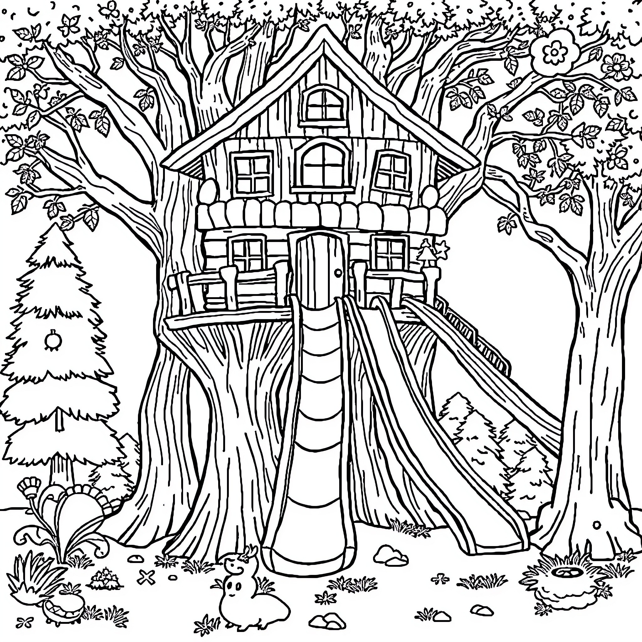 Tree House amidst a Whimsical Forest Landscape Coloring Page (free black-and-white line drawing printable PDF for all, from beginners to advanced learners, including children, teens, adults, and seniors)