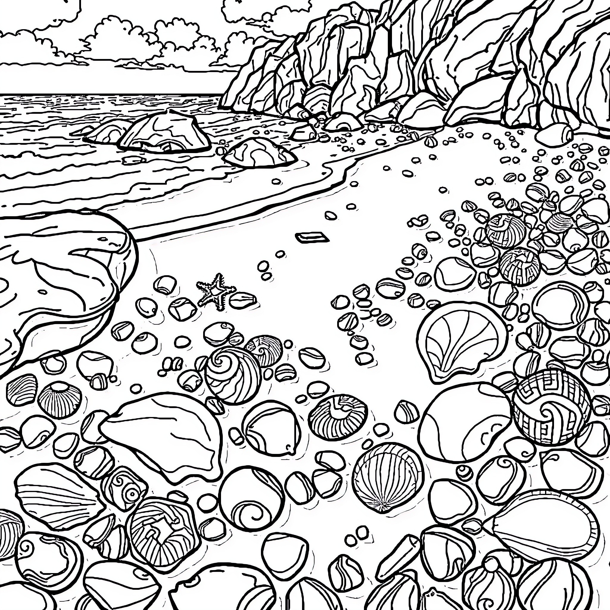 Shell-filled beach scene with rocky cliffs Coloring Page (free black-and-white line drawing printable PDF for all, from beginners to advanced learners, including children, teens, adults, and seniors)