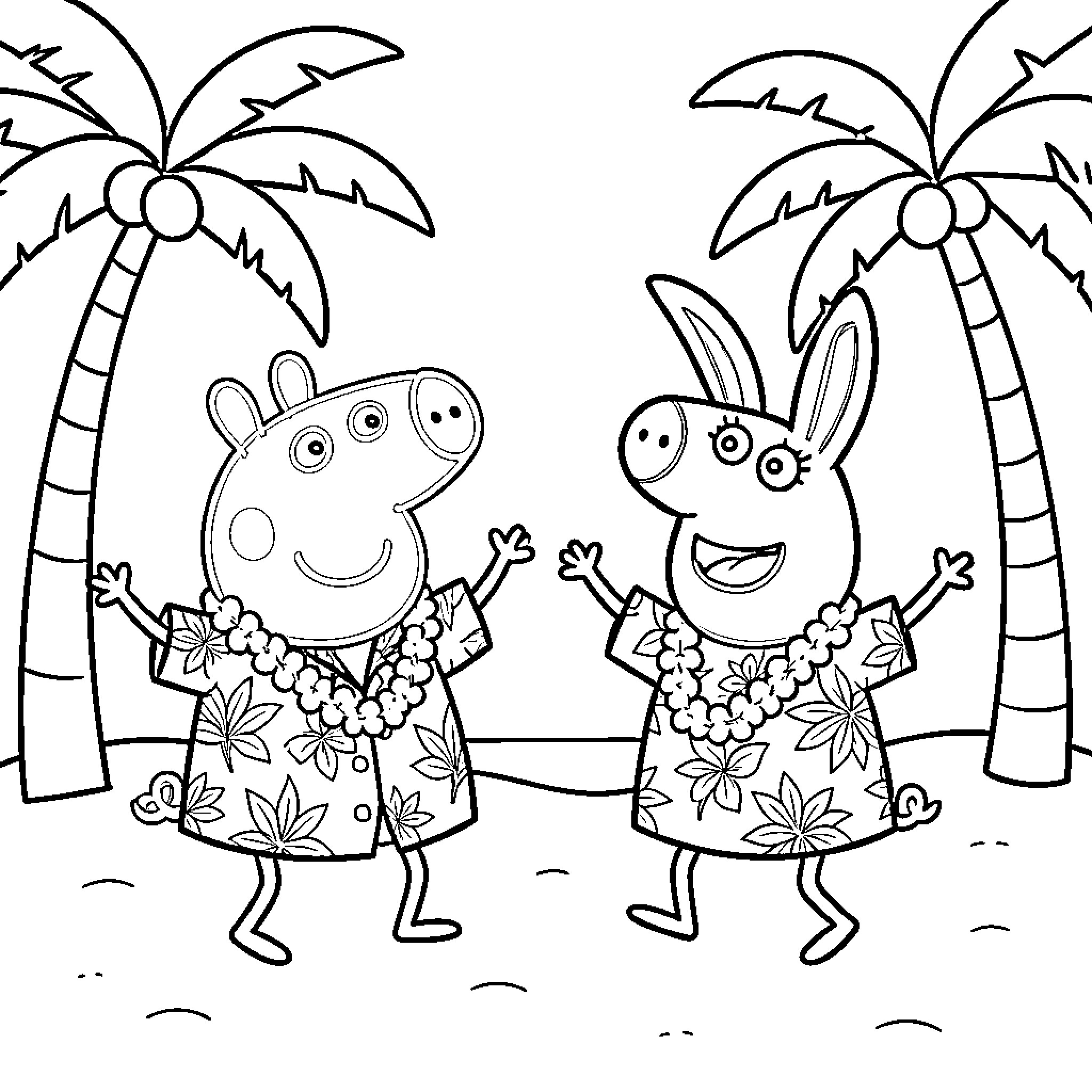Peppa Pig and friend wearing leis on a beach Coloring Page (free black-and-white line drawing printable PDF for all, from beginners to advanced learners, including children, teens, adults, and seniors)