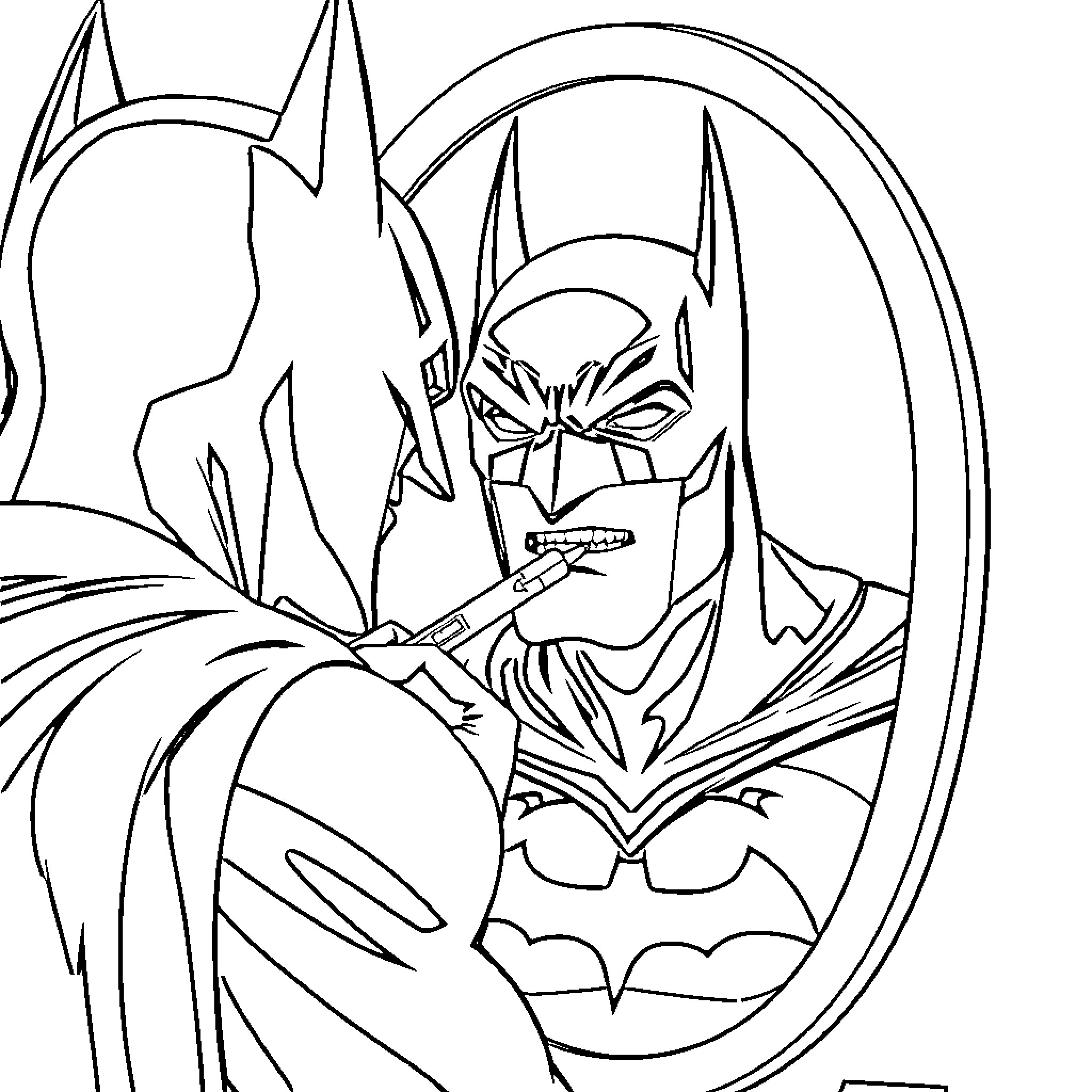 Batman in action with intense expression Coloring Page (free black-and-white line drawing printable PDF for all, from beginners to advanced learners, including children, teens, adults, and seniors)