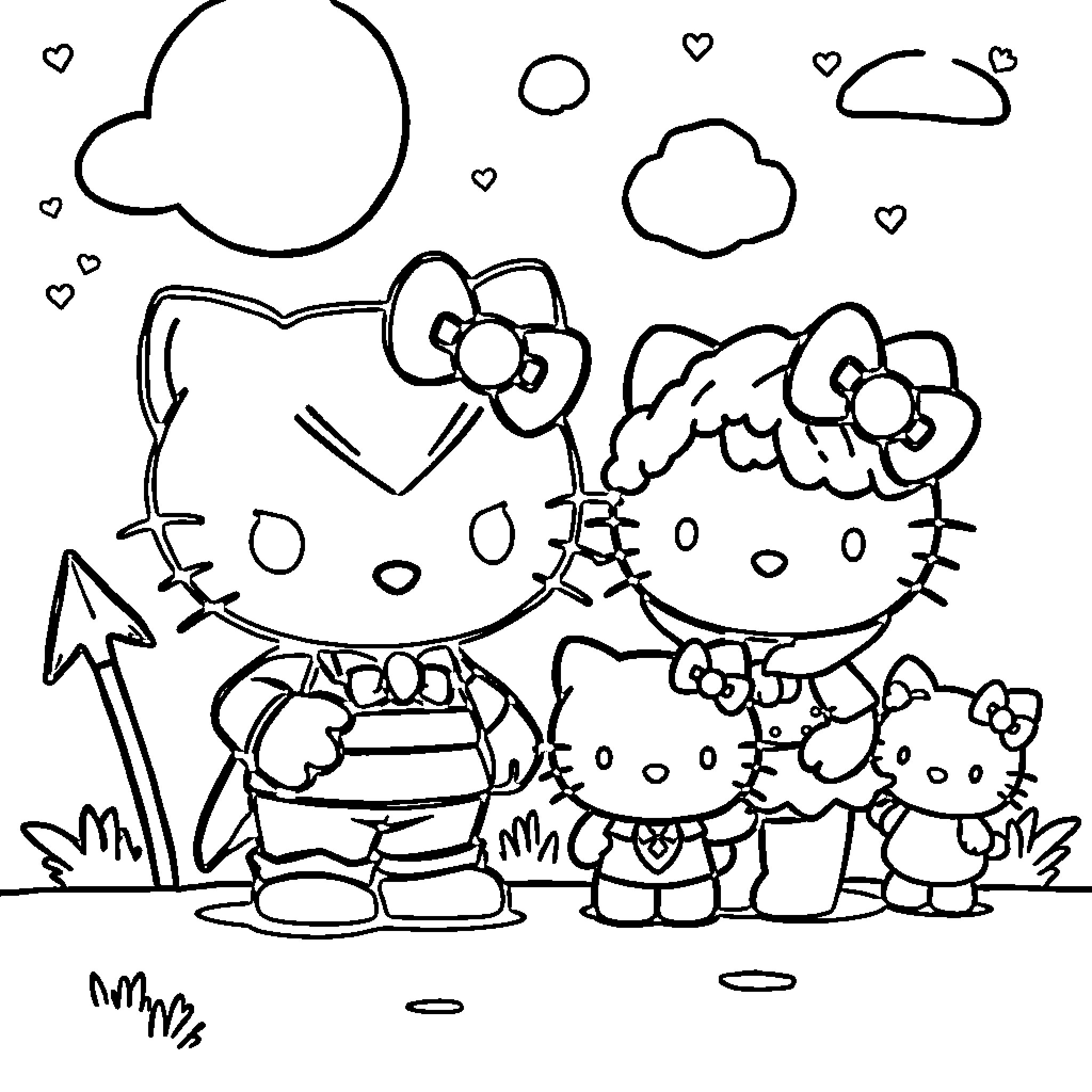 Hello Kitty and friends enjoying a day out Coloring Page (free black-and-white line drawing printable PDF for all, from beginners to advanced learners, including children, teens, adults, and seniors)