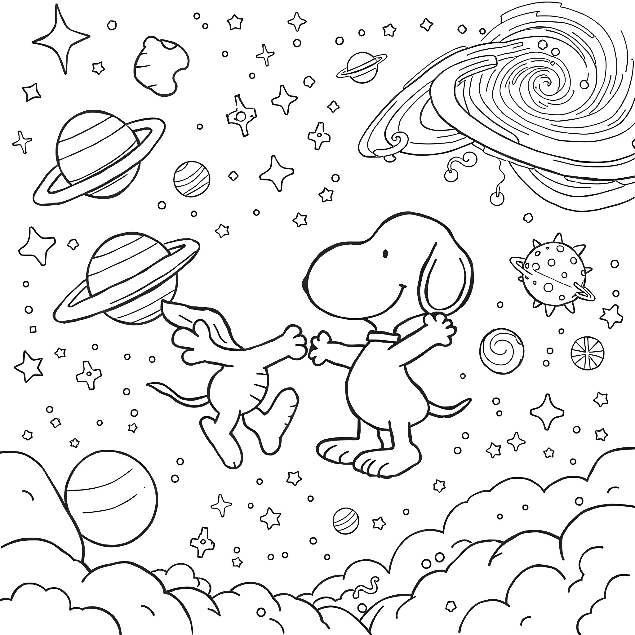 Bluey's Cosmic Adventure Coloring Page (free black-and-white line drawing printable PDF for all, from beginners to advanced learners, including children, teens, adults, and seniors)