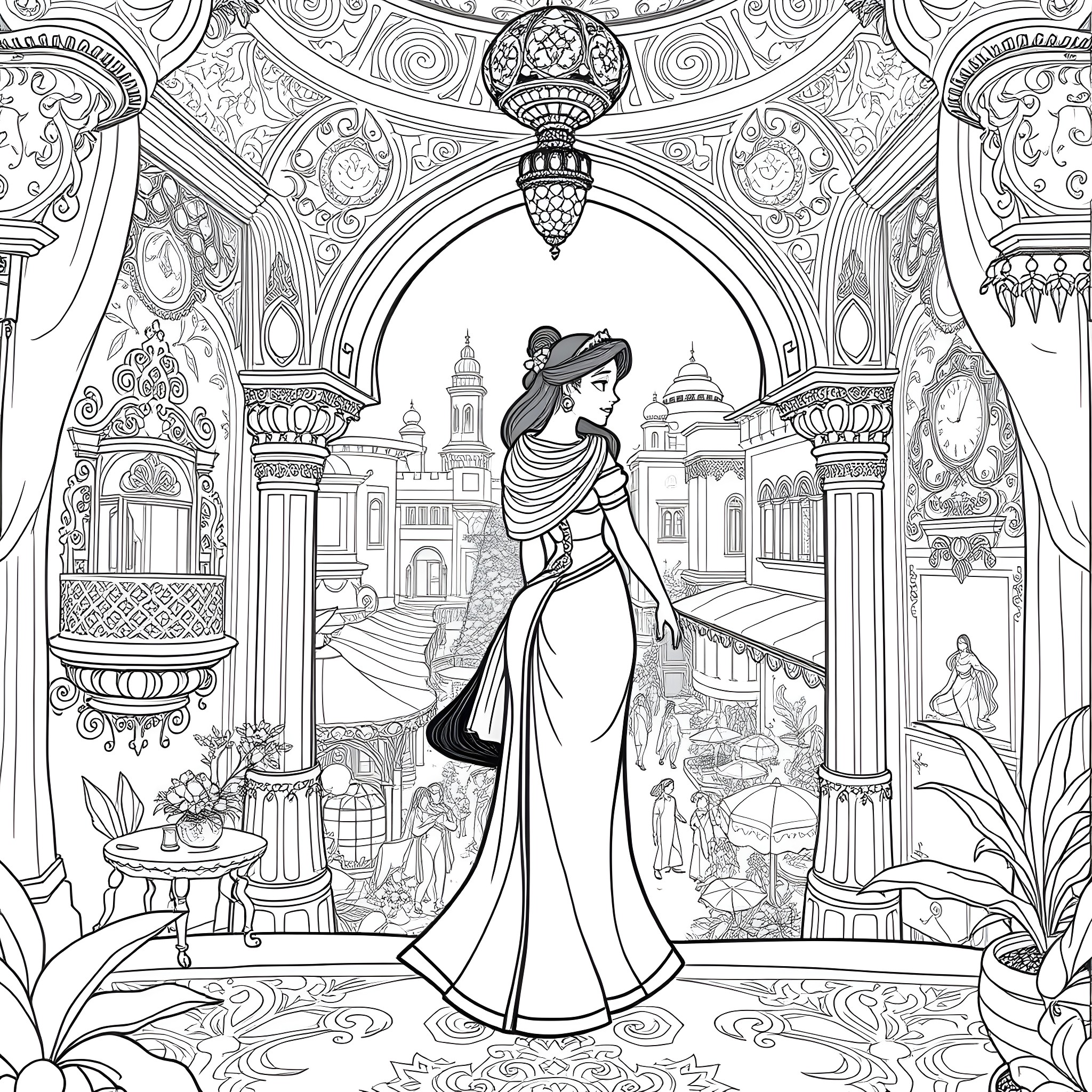 Jasmine's elegant journey through a lavish palace Coloring Page (free black-and-white line drawing printable PDF for all, from beginners to advanced learners, including children, teens, adults, and seniors)
