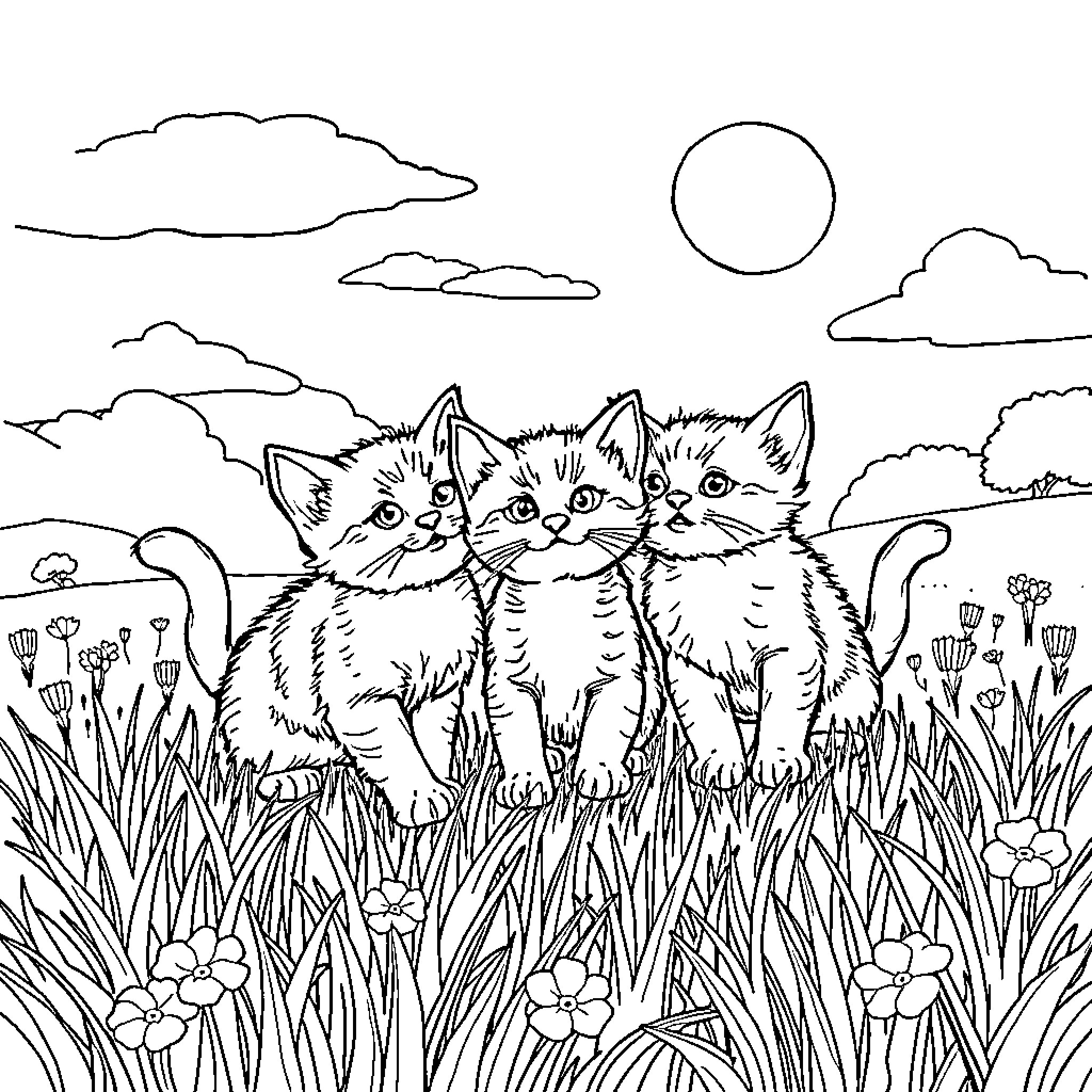 Kitty trio exploring grassy landscape Coloring Page (free black-and-white line drawing printable PDF for all, from beginners to advanced learners, including children, teens, adults, and seniors)