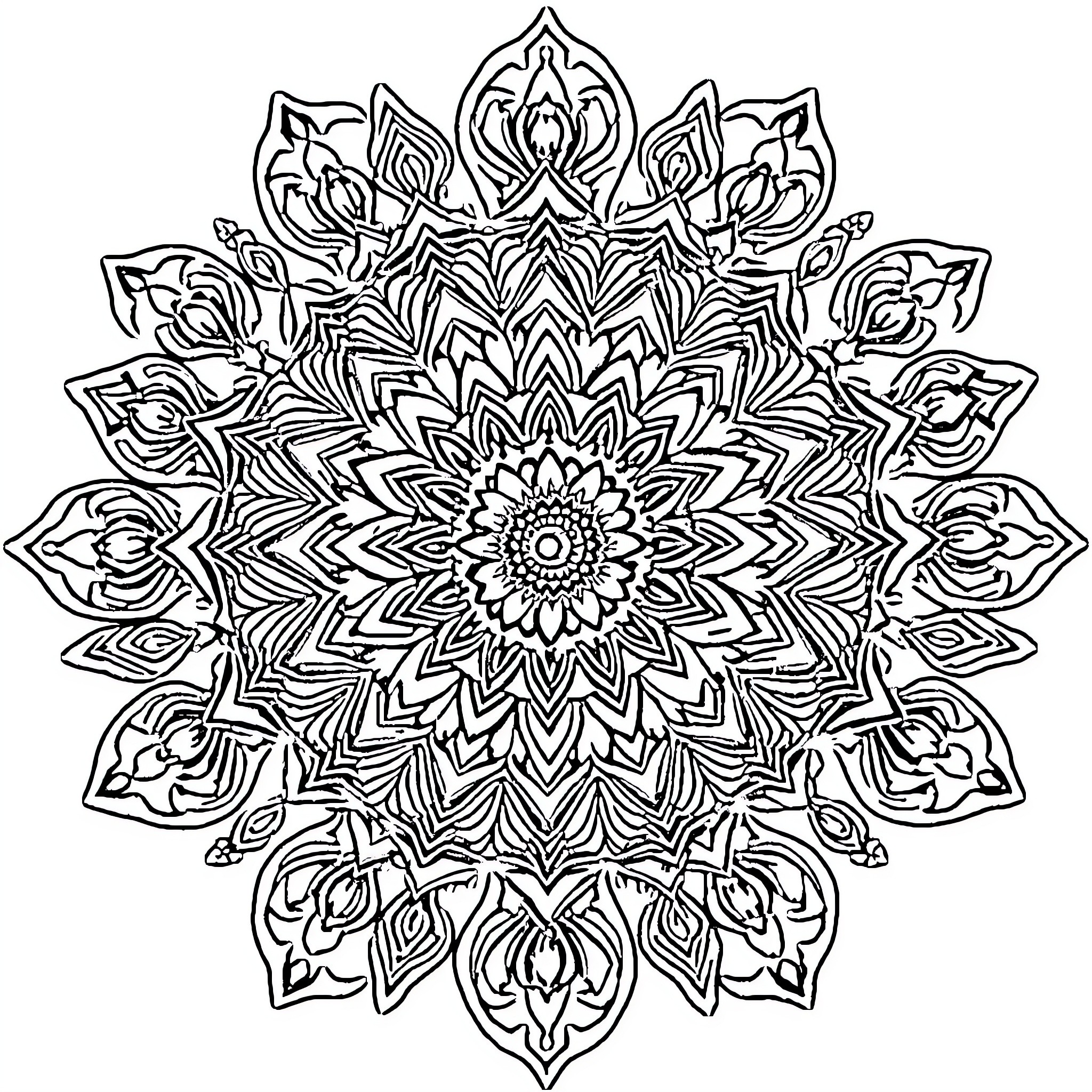 Mandala of intricate floral patterns Coloring Page (free black-and-white line drawing printable PDF for all, from beginners to advanced learners, including children, teens, adults, and seniors)