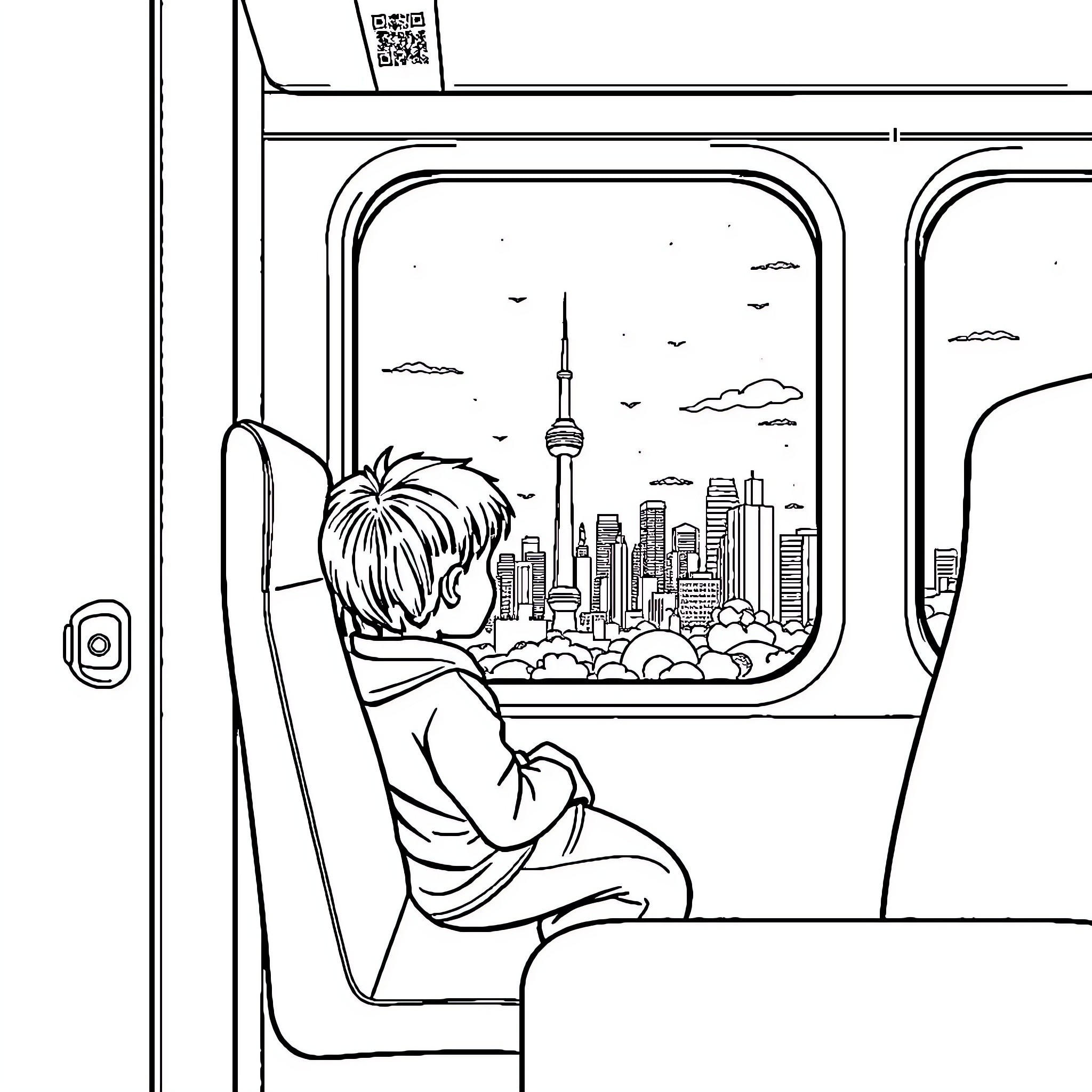Boy looking out train window at cityscape Coloring Page (free black-and-white line drawing printable PDF for all, from beginners to advanced learners, including children, teens, adults, and seniors)