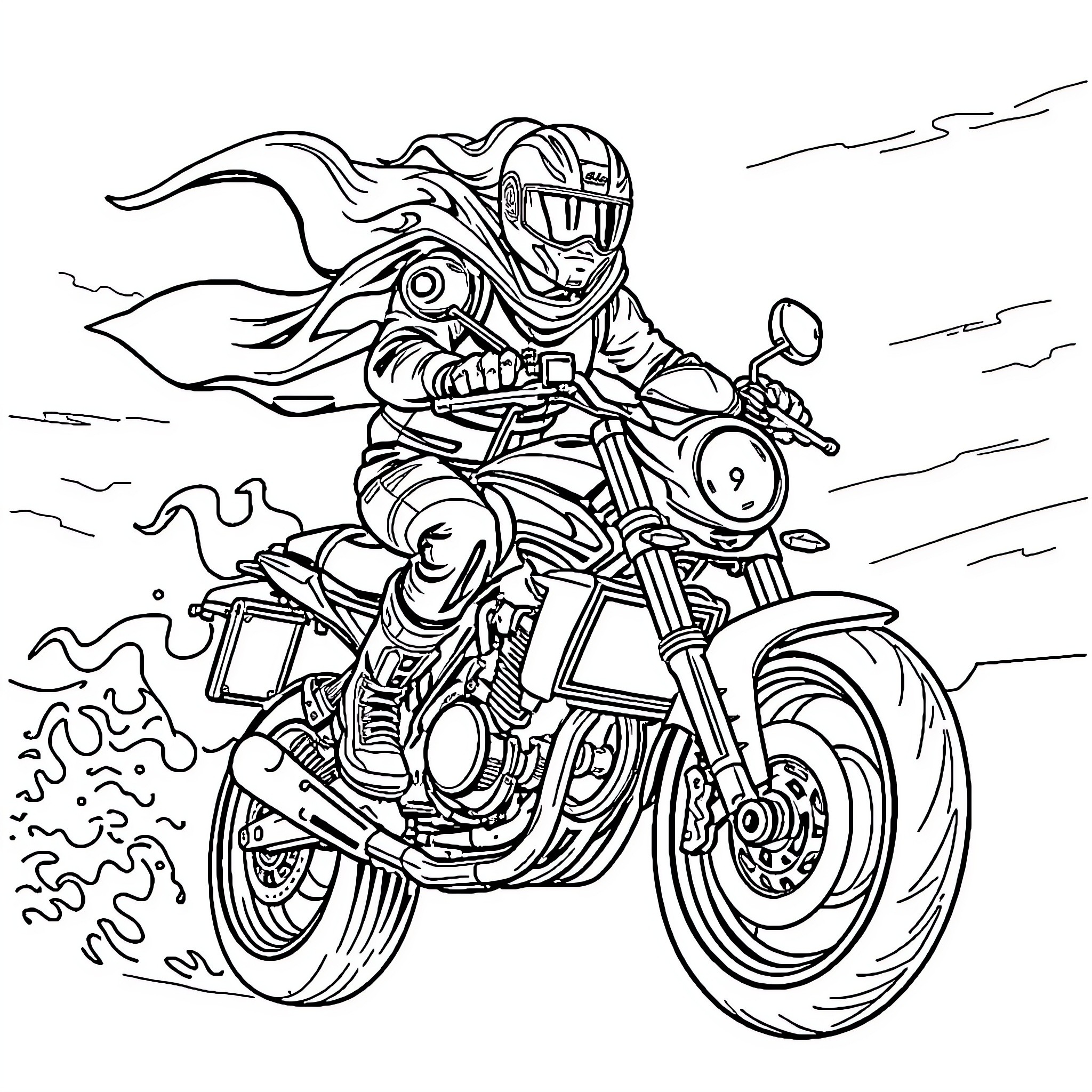 Motoqueiro Fantasma riding a powerful motorcycle Coloring Page (free black-and-white line drawing printable PDF for all, from beginners to advanced learners, including children, teens, adults, and seniors)