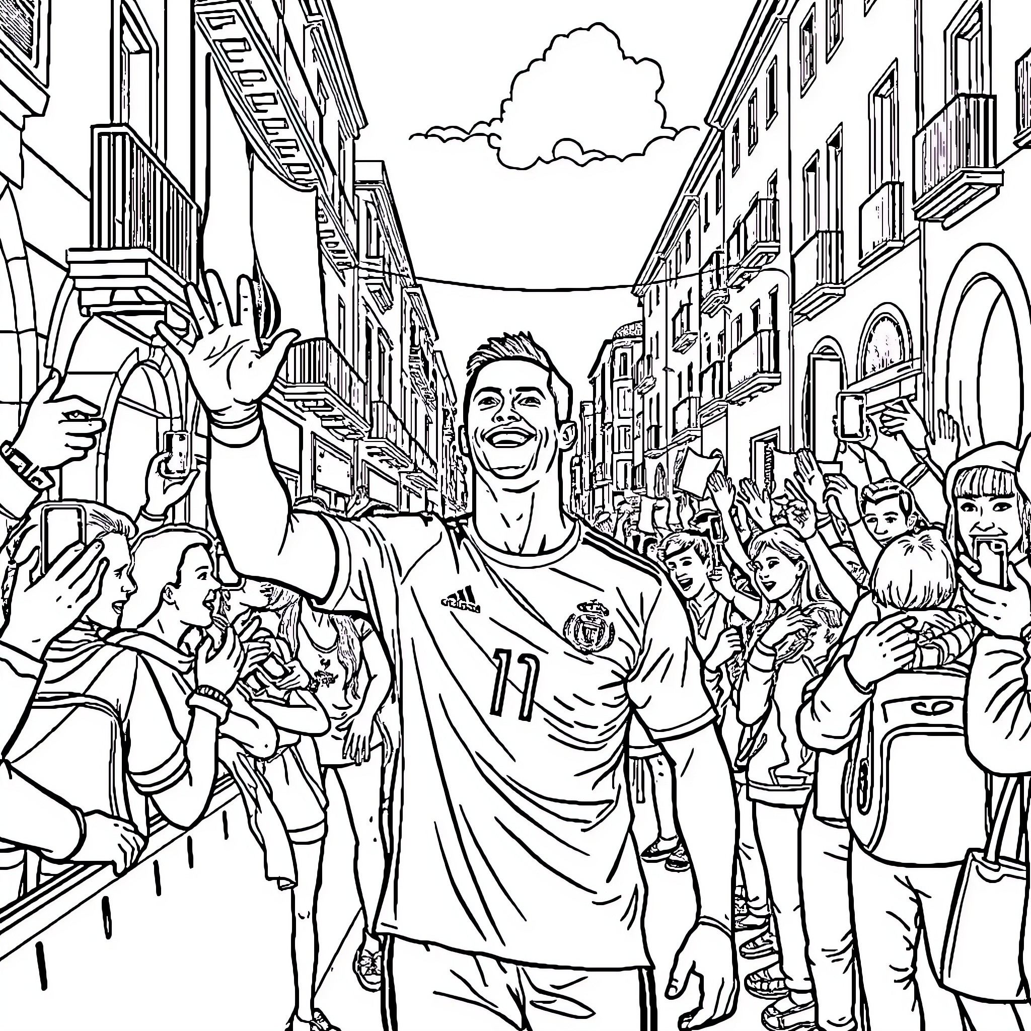 Cristiano Ronaldo Celebrated by Enthusiastic Fans in City Streets Coloring Page (free black-and-white line drawing printable PDF for all, from beginners to advanced learners, including children, teens, adults, and seniors)