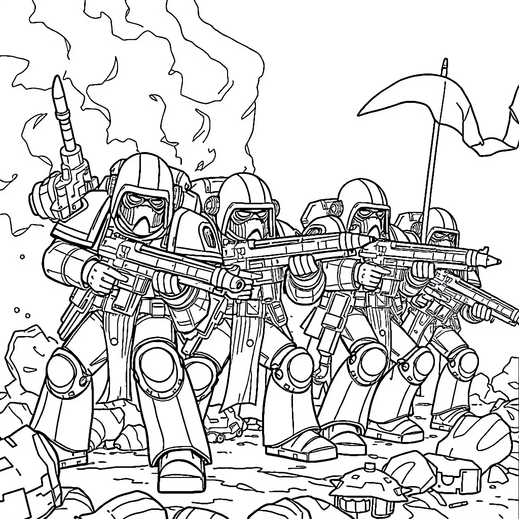 Warhammer Soldiers Marching into Battle Coloring Page (free black-and-white line drawing printable PDF for all, from beginners to advanced learners, including children, teens, adults, and seniors)