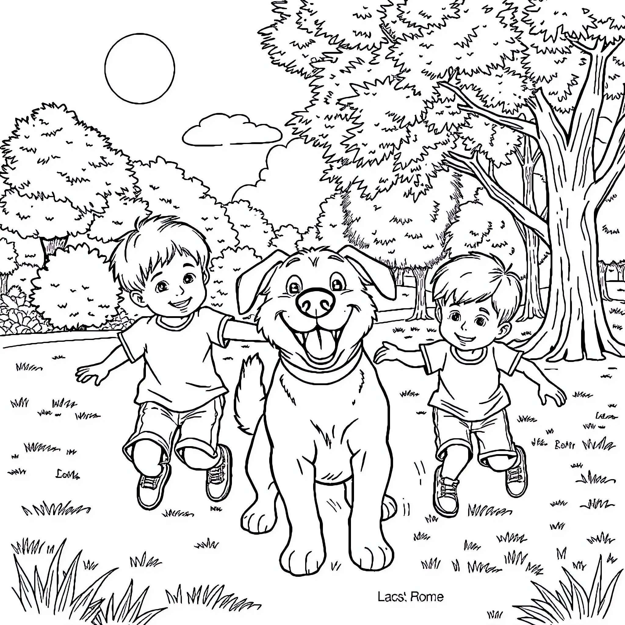 Dog and children playing happily in the park Coloring Page (free black-and-white line drawing printable PDF for all, from beginners to advanced learners, including children, teens, adults, and seniors)