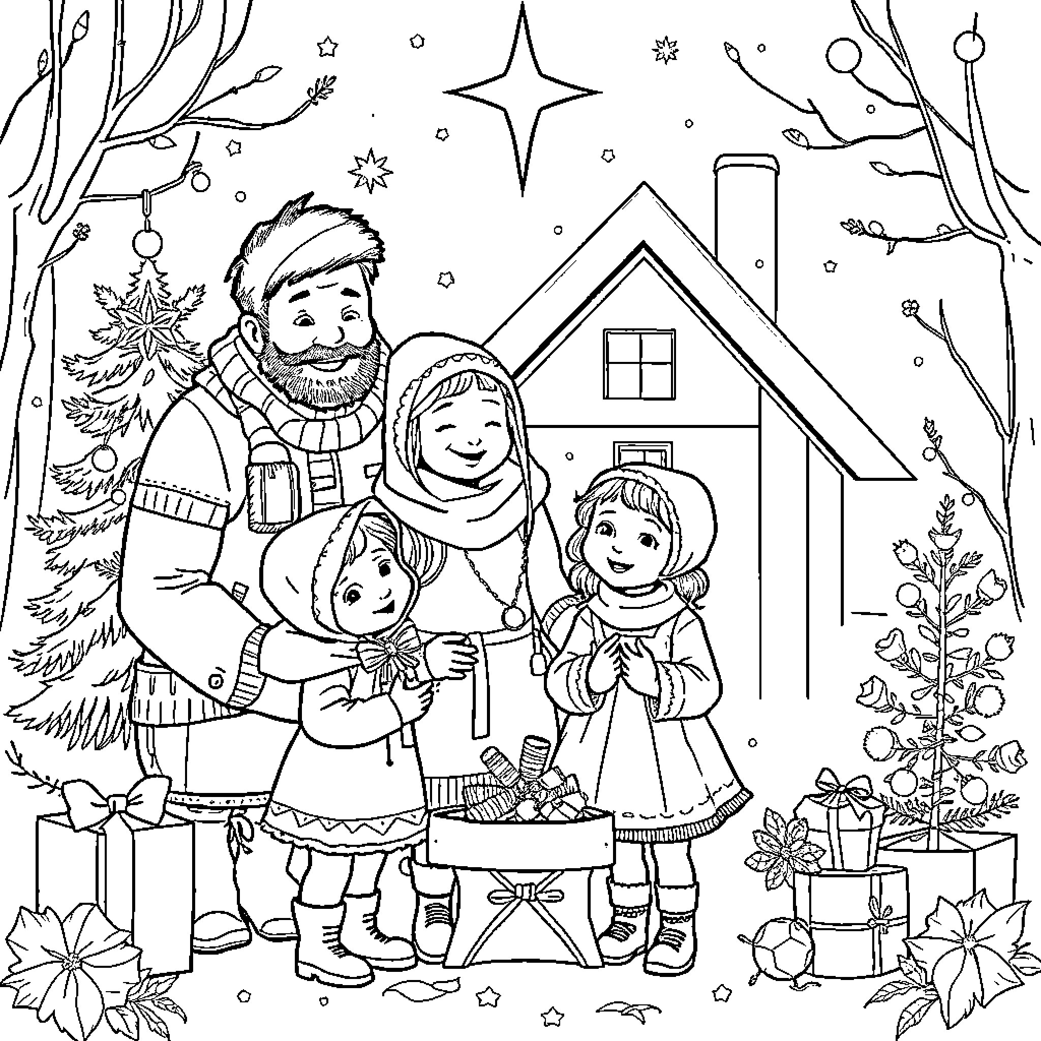 Family Enjoying Holiday Traditions Together Coloring Page (free black-and-white line drawing printable PDF for all, from beginners to advanced learners, including children, teens, adults, and seniors)