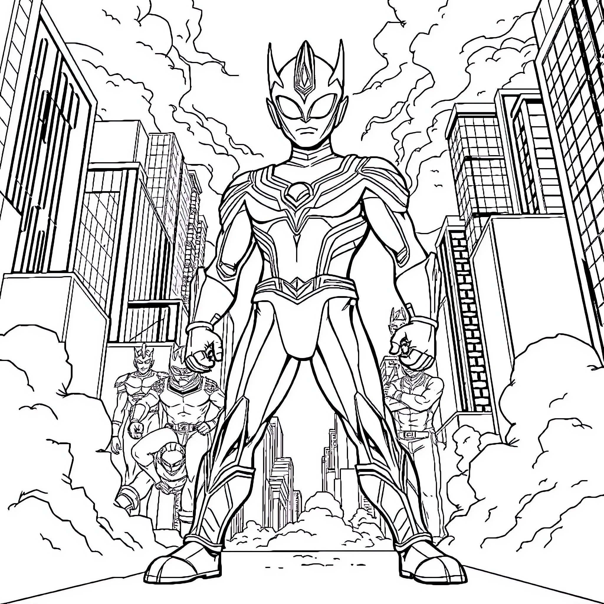 Ultraman Heroically Protects the City Coloring Page (free black-and-white line drawing printable PDF for all, from beginners to advanced learners, including children, teens, adults, and seniors)