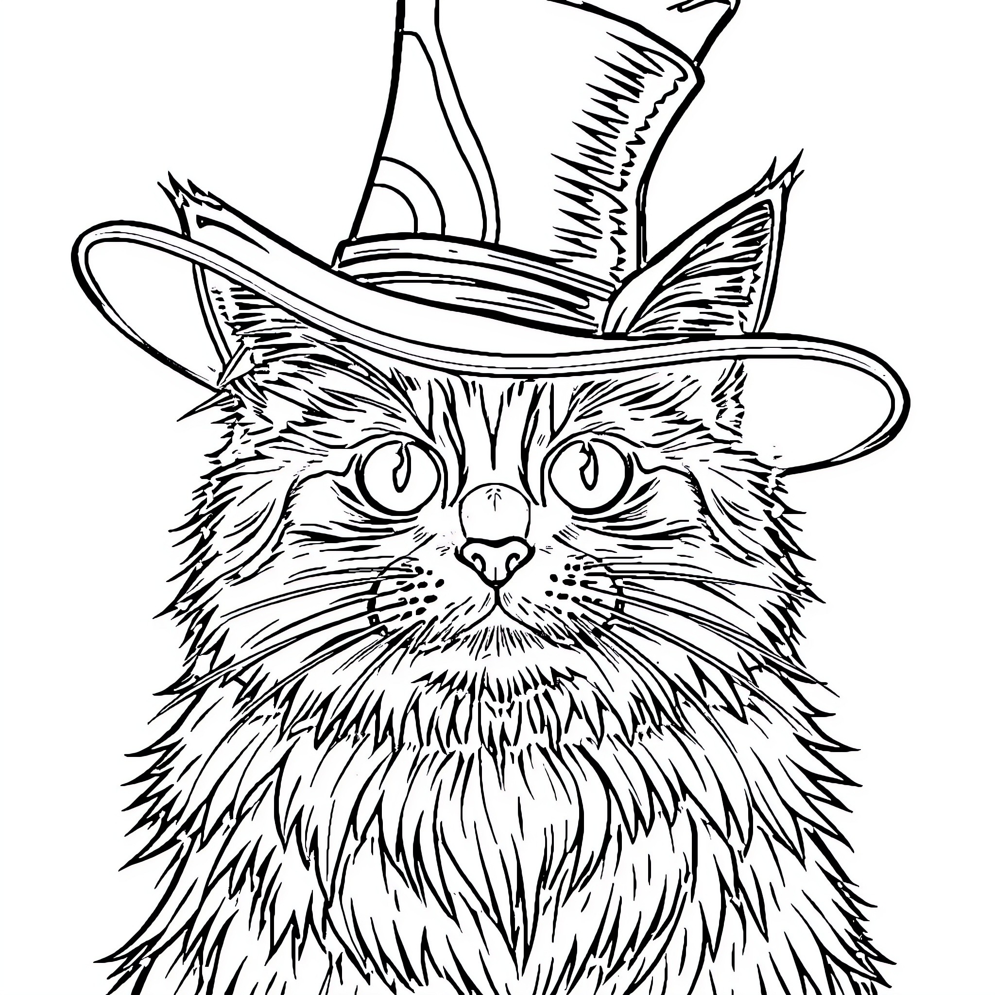 Cat in a Whimsical Witch Hat Coloring Page (free black-and-white line drawing printable PDF for all, from beginners to advanced learners, including children, teens, adults, and seniors)