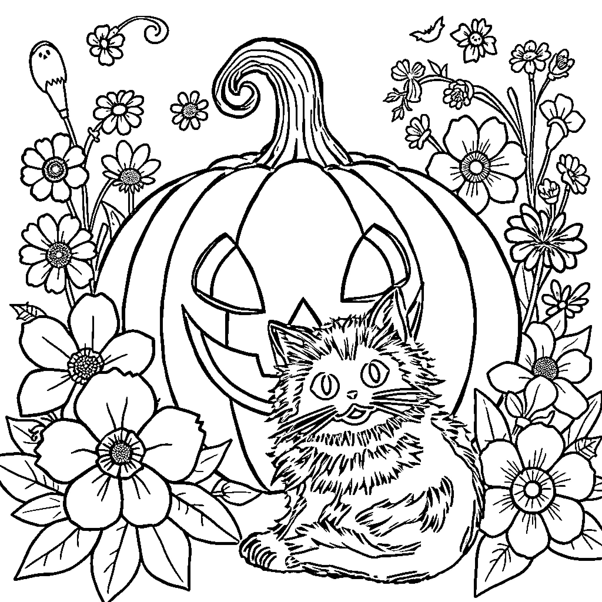 Pumpkin with Flowers and Playful Cat Coloring Page (free black-and-white line drawing printable PDF for all, from beginners to advanced learners, including children, teens, adults, and seniors)