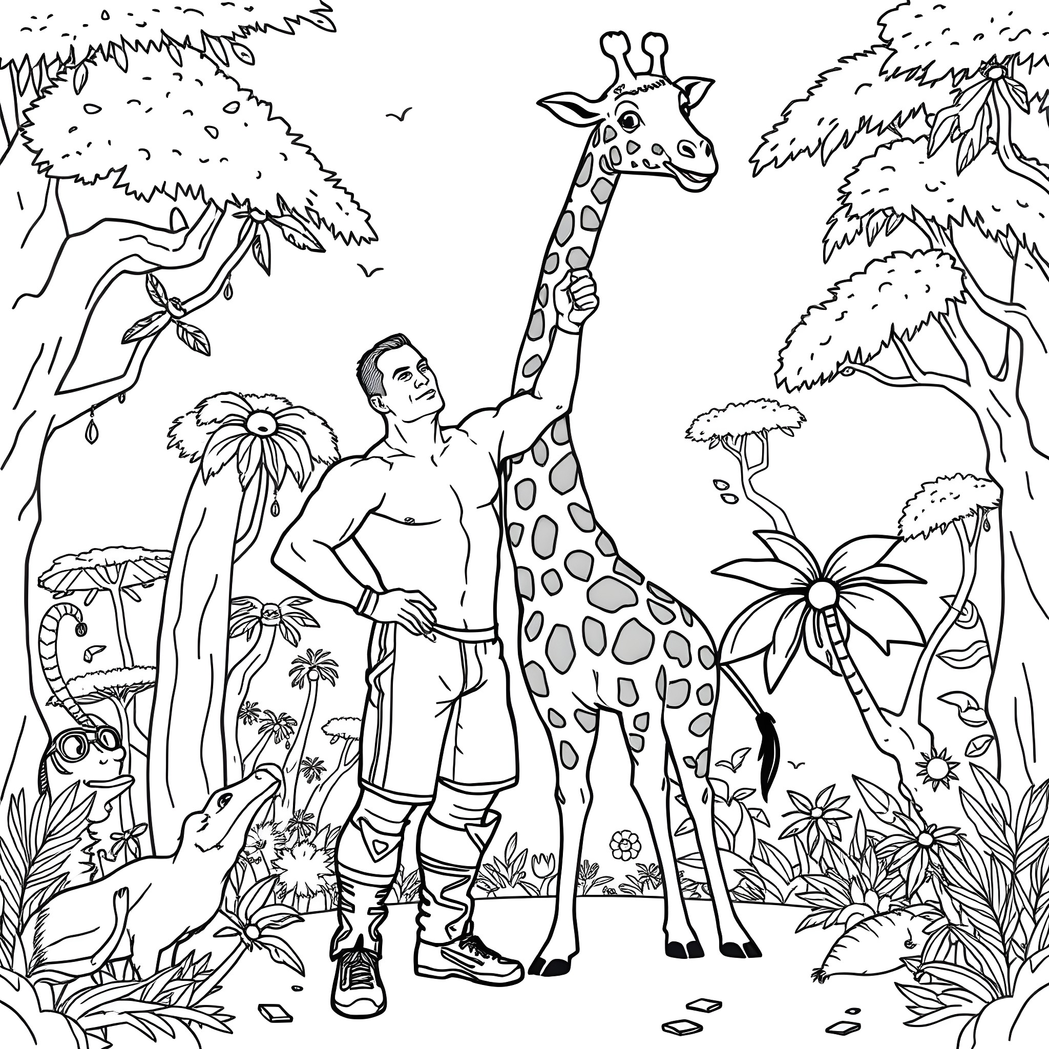 John Cena exploring the jungle with a giraffe Coloring Page (free black-and-white line drawing printable PDF for all, from beginners to advanced learners, including children, teens, adults, and seniors)