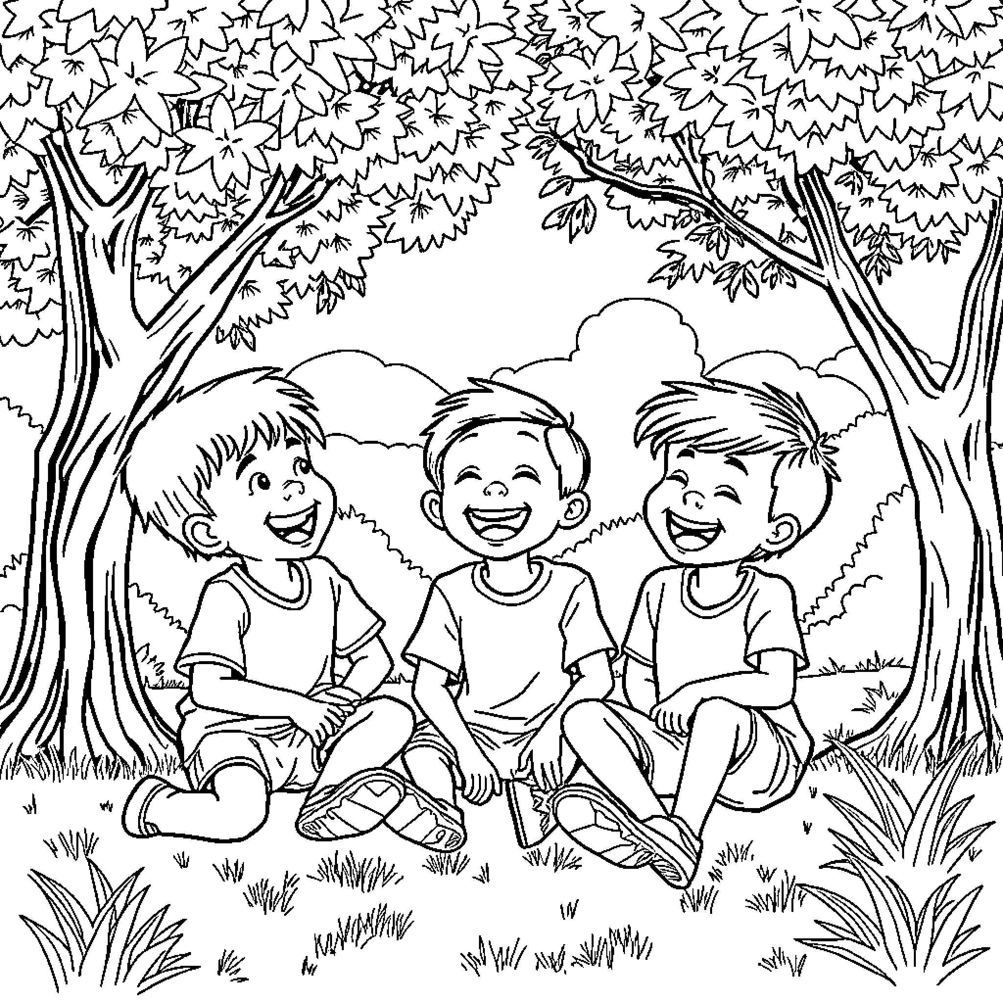 Saja Boy's Friends Enjoy Outdoor Adventure Coloring Page (free black-and-white line drawing printable PDF for all, from beginners to advanced learners, including children, teens, adults, and seniors)