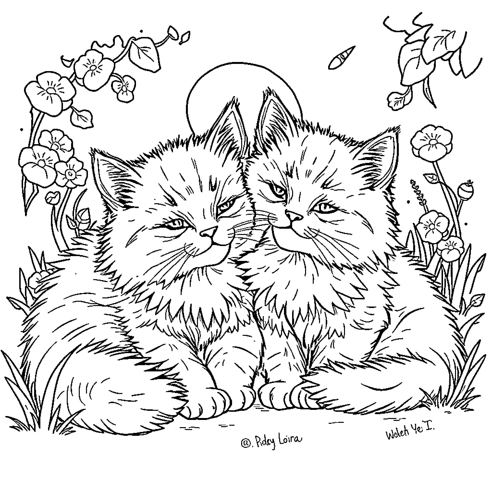 Cat Kittens Cuddling in Flowery Garden Coloring Page (free black-and-white line drawing printable PDF for all, from beginners to advanced learners, including children, teens, adults, and seniors)