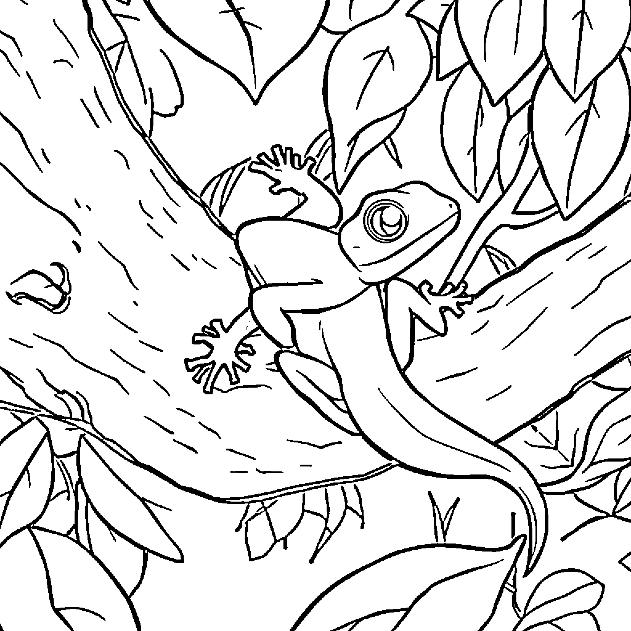 Gecko exploring a lush forest landscape Coloring Page (free black-and-white line drawing printable PDF for all, from beginners to advanced learners, including children, teens, adults, and seniors)