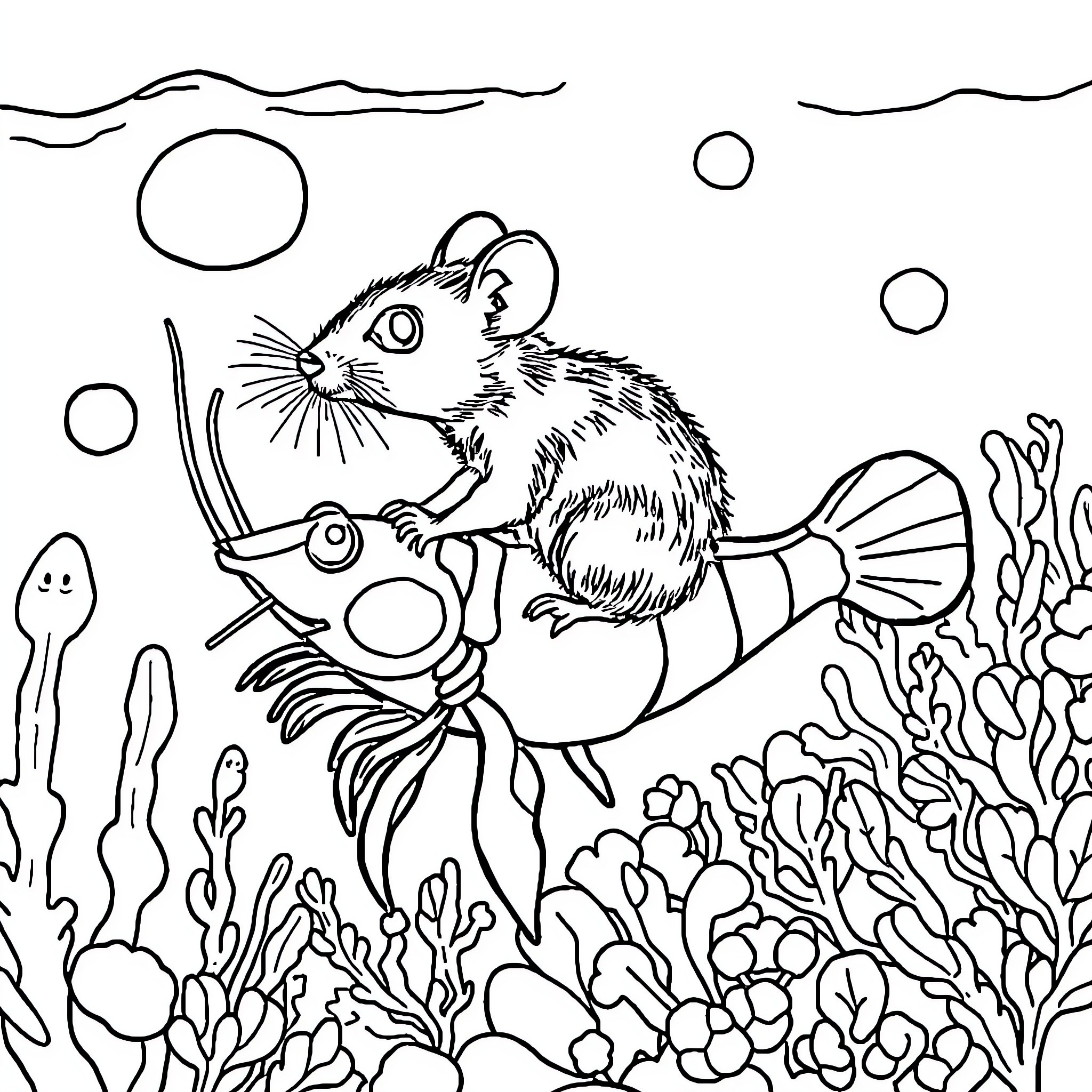 Rat exploring an underwater coral reef Coloring Page (free black-and-white line drawing printable PDF for all, from beginners to advanced learners, including children, teens, adults, and seniors)