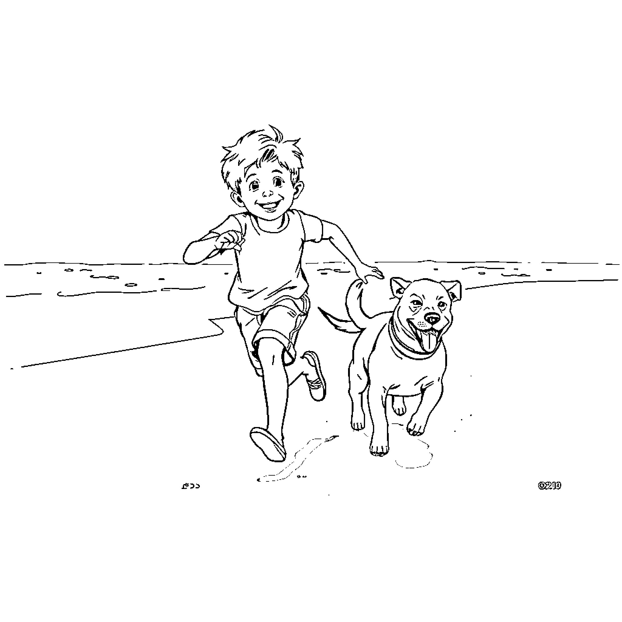 Boy playing joyfully with his dog on the beach Coloring Page (free black-and-white line drawing printable PDF for all, from beginners to advanced learners, including children, teens, adults, and seniors)