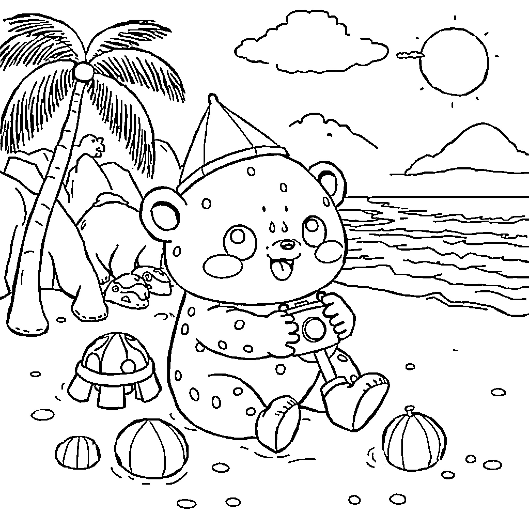 Bear playing on the beach Coloring Page (free black-and-white line drawing printable PDF for all, from beginners to advanced learners, including children, teens, adults, and seniors)