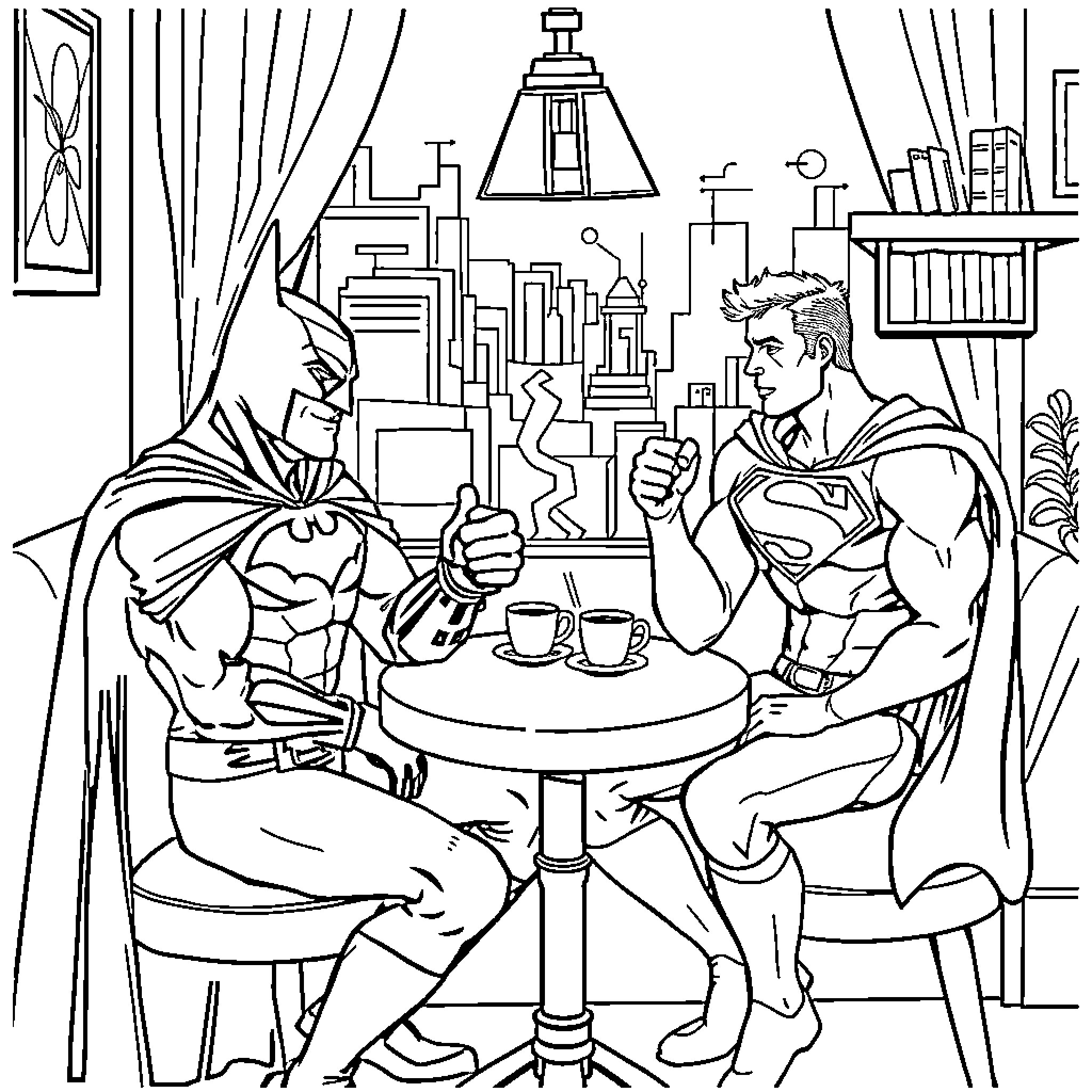 Batman and Superman Discussing in a Cozy Cafe Coloring Page (free black-and-white line drawing printable PDF for all, from beginners to advanced learners, including children, teens, adults, and seniors)