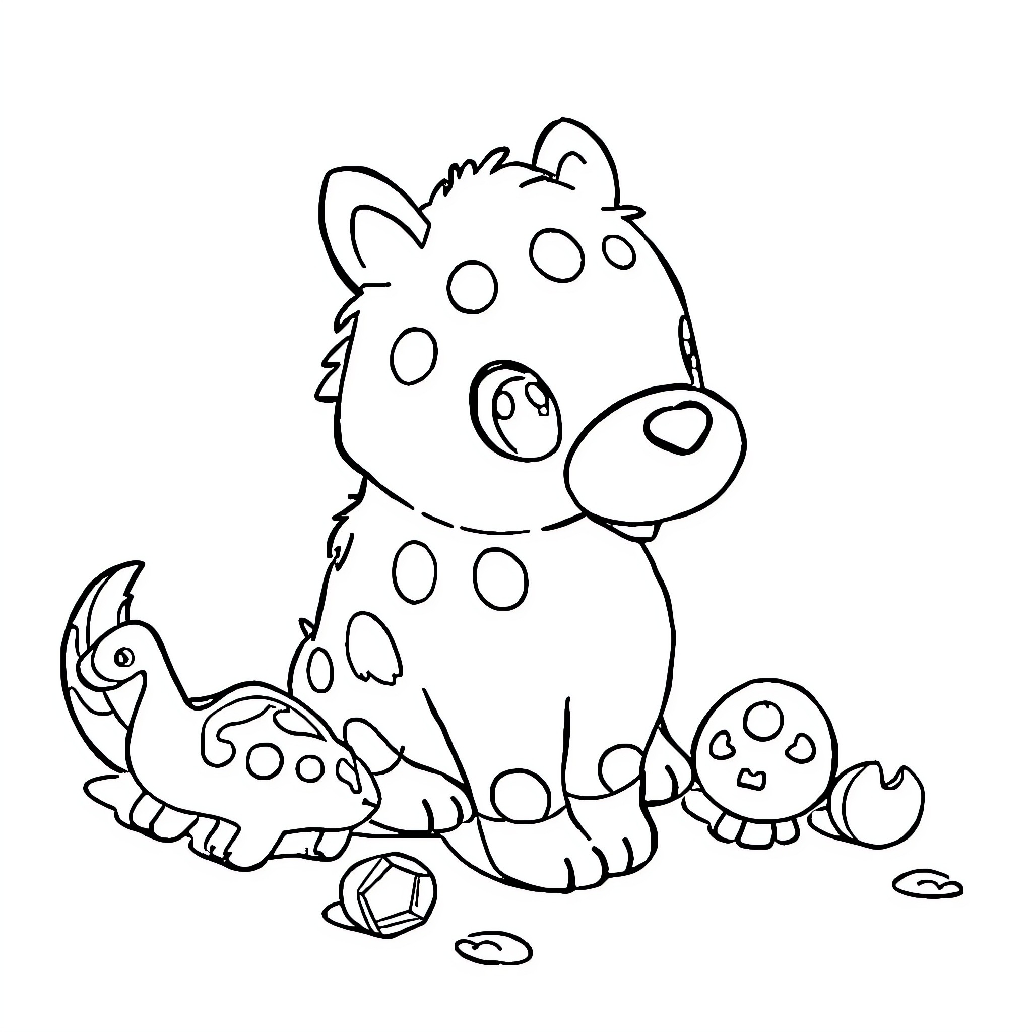 Animal playing with toys and friends Coloring Page (free black-and-white line drawing printable PDF for all, from beginners to advanced learners, including children, teens, adults, and seniors)