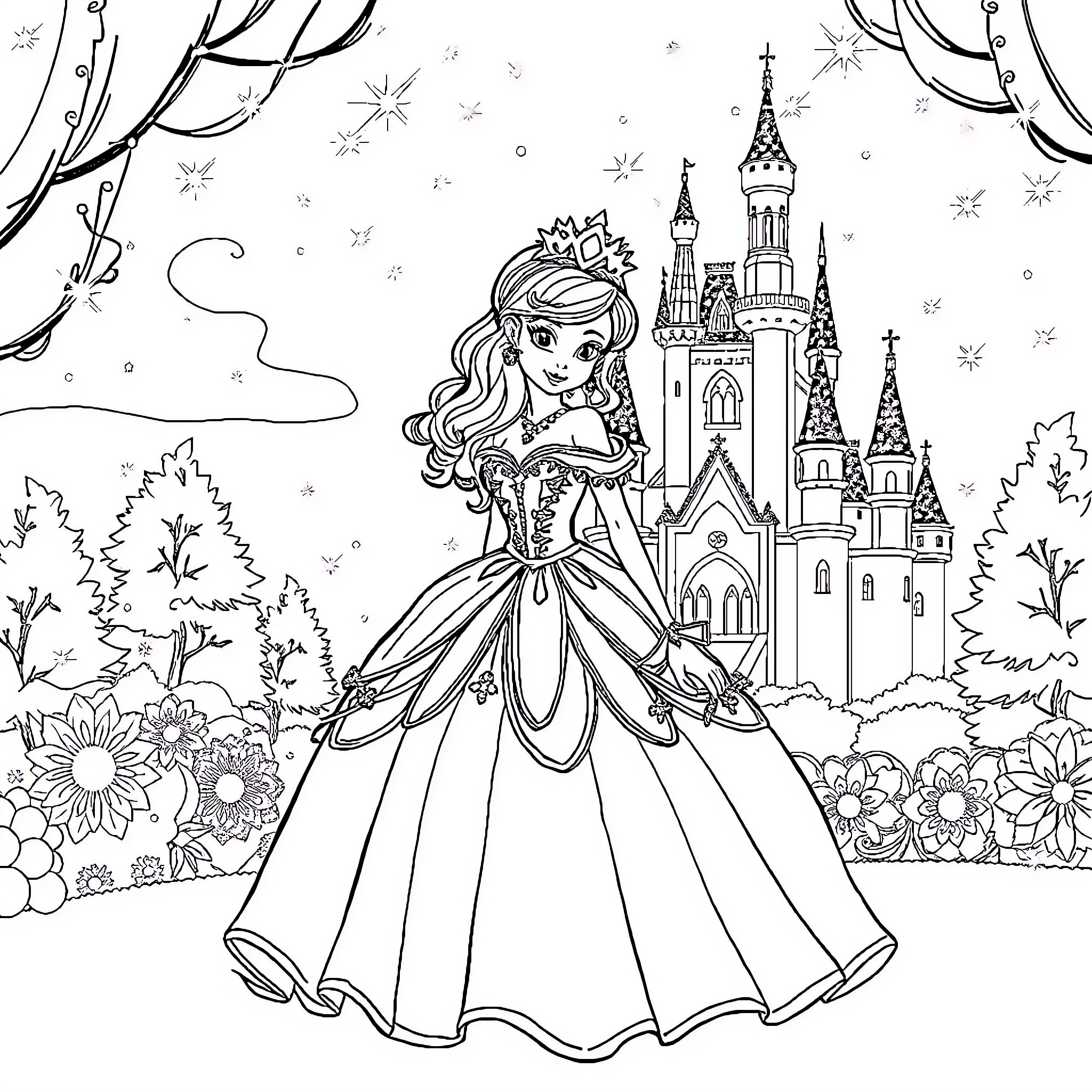 Cinderella's grand castle and royal attire Coloring Page (free black-and-white line drawing printable PDF for all, from beginners to advanced learners, including children, teens, adults, and seniors)