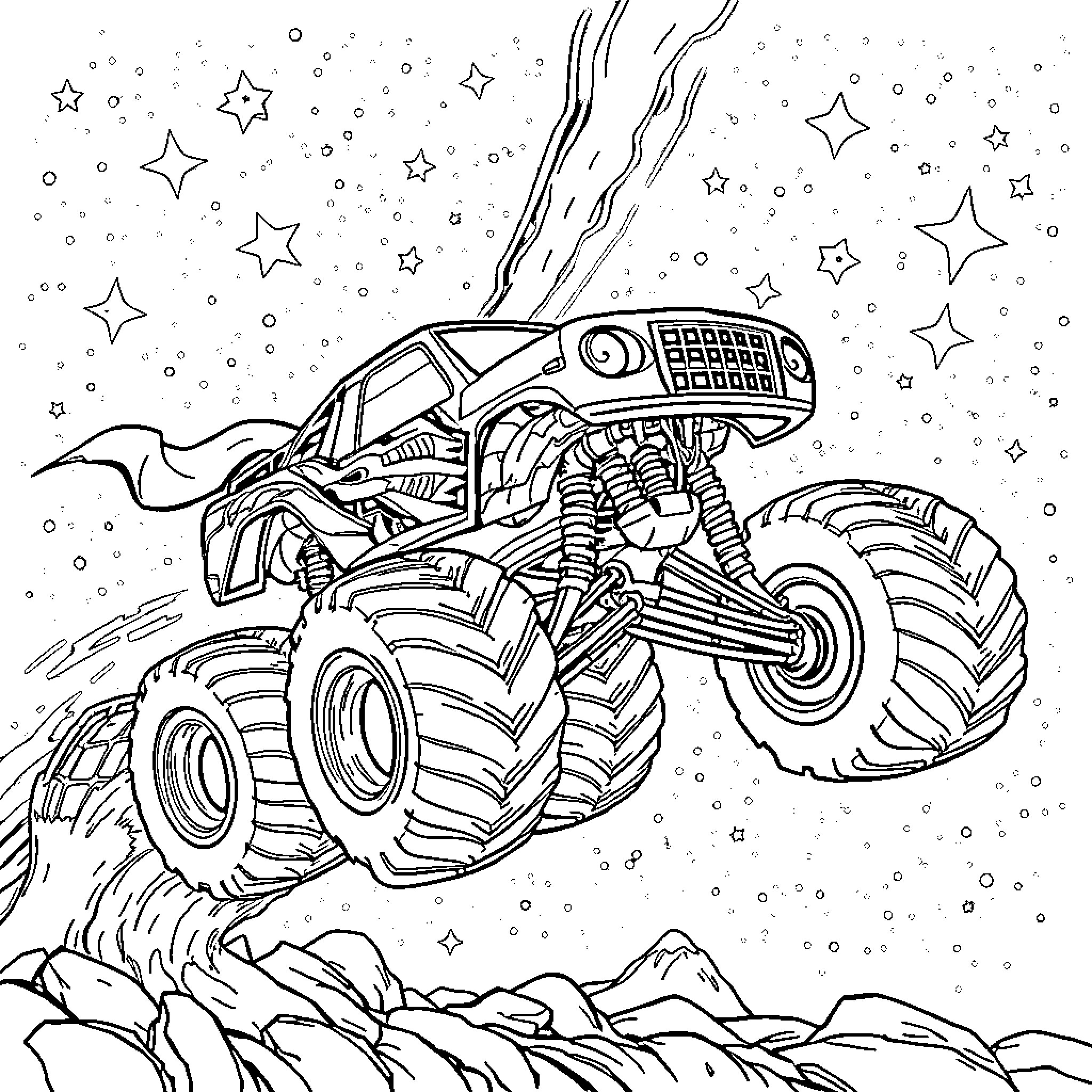 Zombie Truck Soaring Through the Cosmic Landscape Coloring Page (free black-and-white line drawing printable PDF for all, from beginners to advanced learners, including children, teens, adults, and seniors)