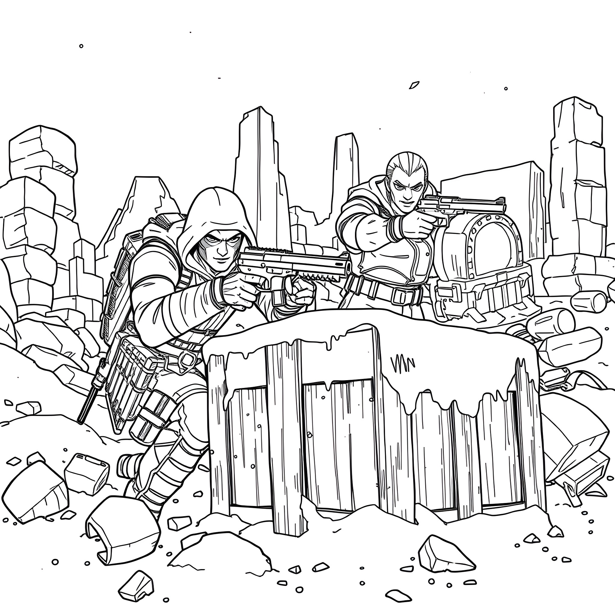 Snake-like creatures in an apocalyptic city landscape Coloring Page (free black-and-white line drawing printable PDF for all, from beginners to advanced learners, including children, teens, adults, and seniors)