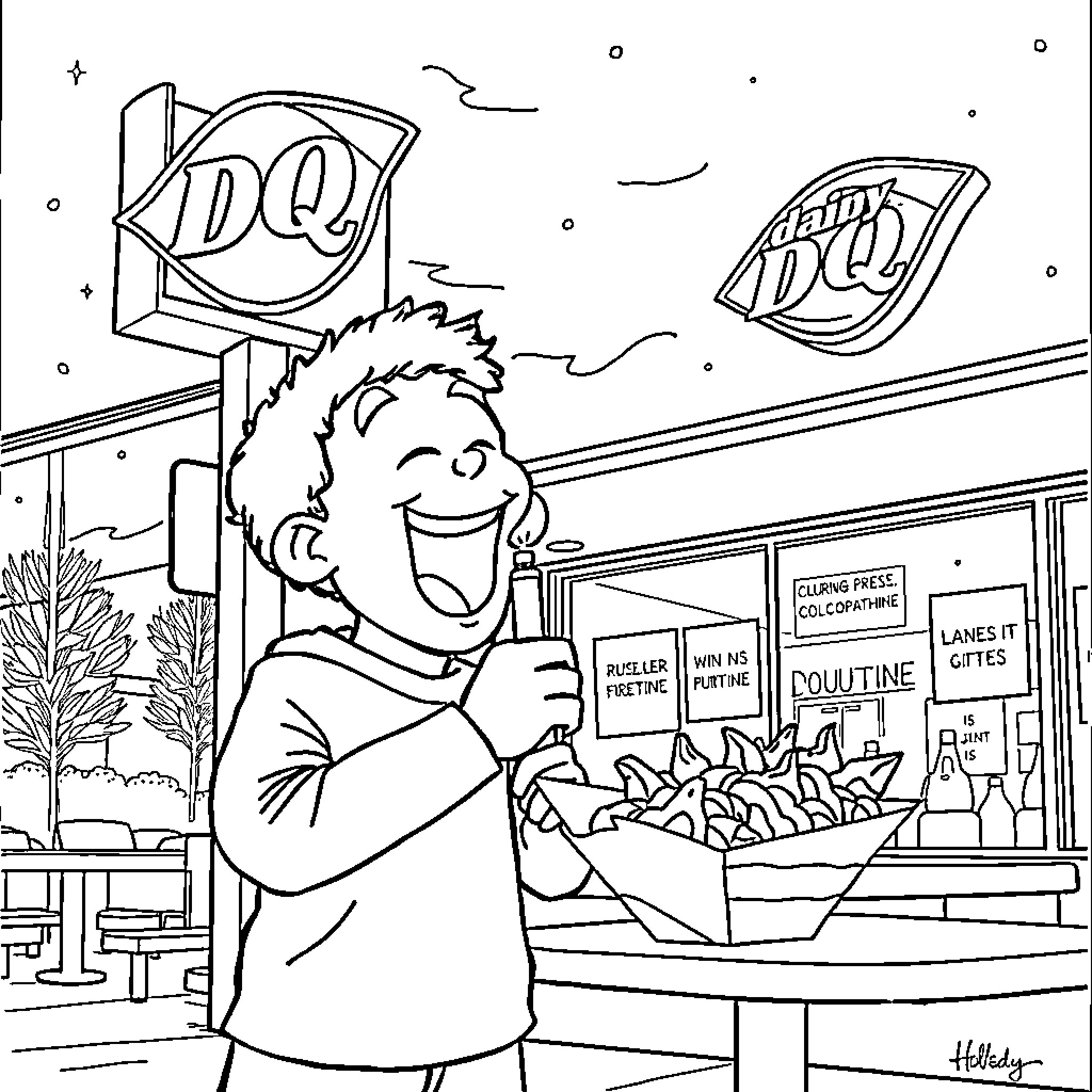 Marker Highlights Customer Purchasing Treats at Diner Coloring Page (free black-and-white line drawing printable PDF for all, from beginners to advanced learners, including children, teens, adults, and seniors)
