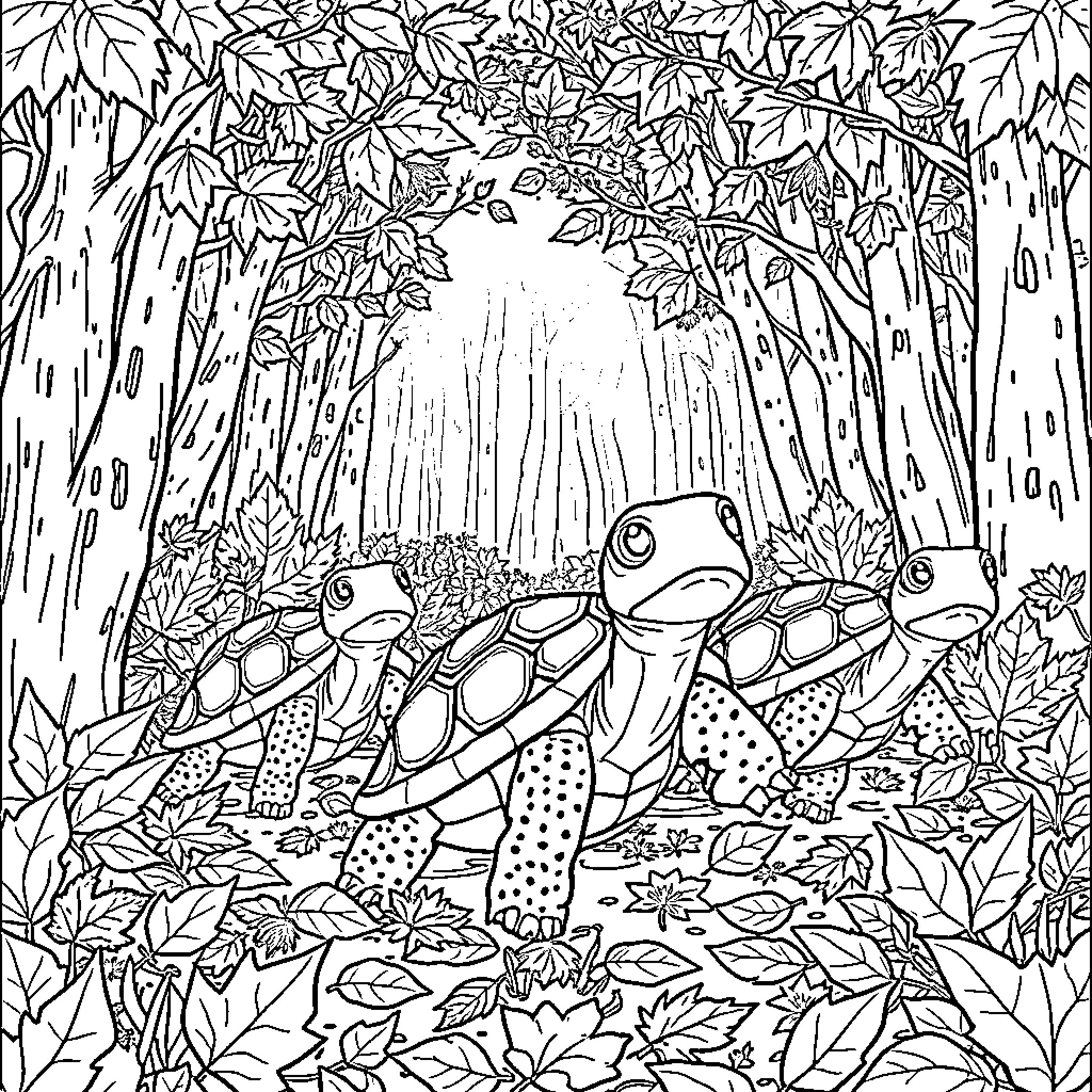 Turtle trio exploring the lush forest Coloring Page (free black-and-white line drawing printable PDF for all, from beginners to advanced learners, including children, teens, adults, and seniors)