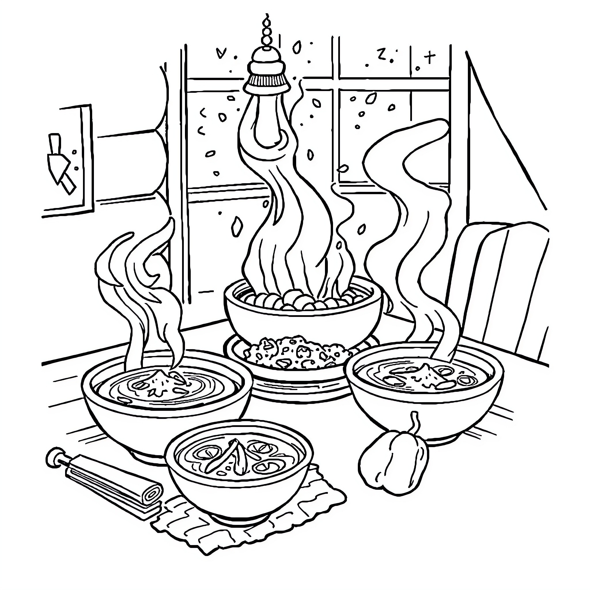 Curry Dishes Steaming with Aromatic Flavors Coloring Page (free black-and-white line drawing printable PDF for all, from beginners to advanced learners, including children, teens, adults, and seniors)