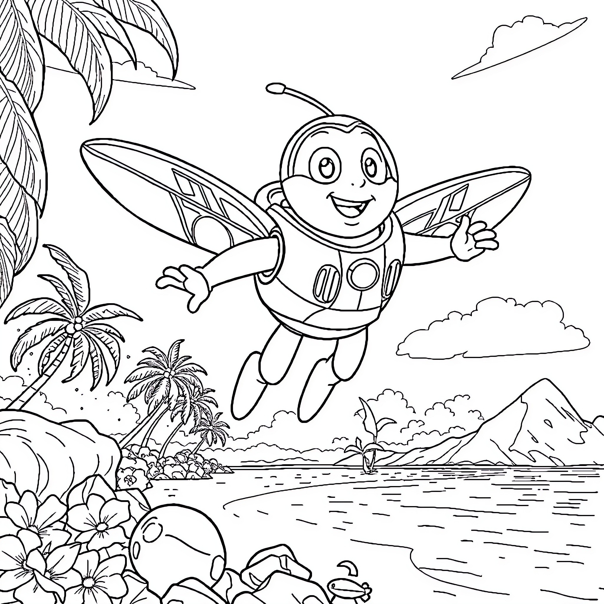 Buzz the Friendly Robot Explores Tropical Island Coloring Page (free black-and-white line drawing printable PDF for all, from beginners to advanced learners, including children, teens, adults, and seniors)