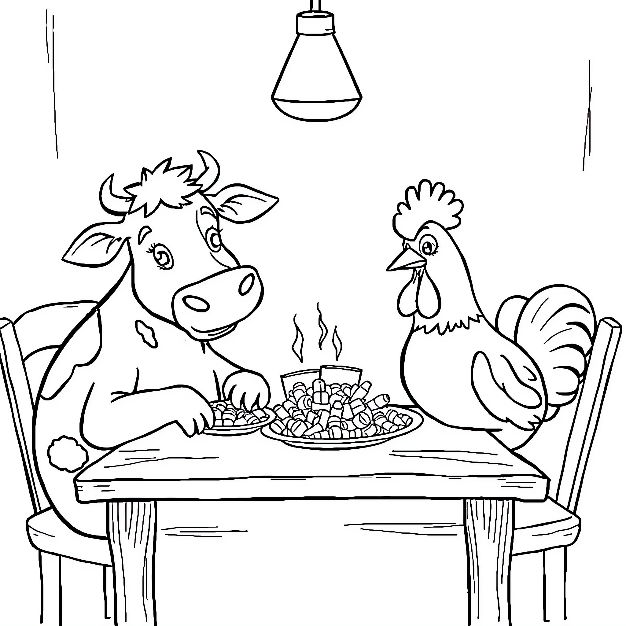 Cow and Rooster Sharing a Meal Coloring Page (free black-and-white line drawing printable PDF for all, from beginners to advanced learners, including children, teens, adults, and seniors)