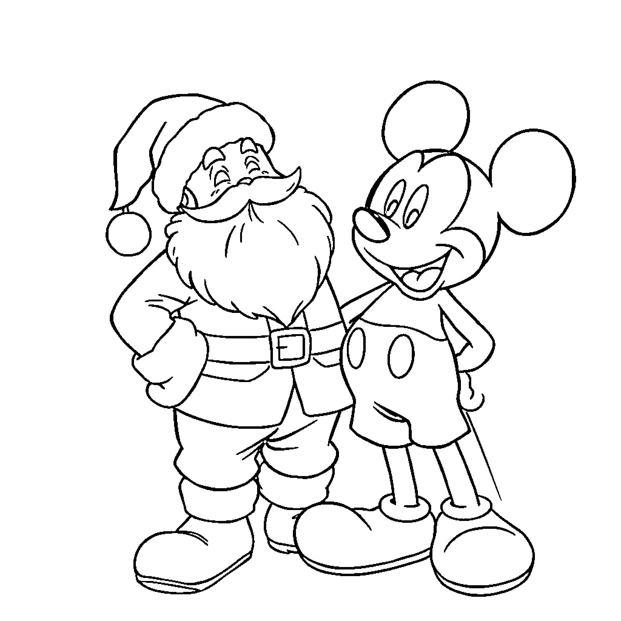 Santa and Mickey Mouse in Holiday Spirit Coloring Page (free black-and-white line drawing printable PDF for all, from beginners to advanced learners, including children, teens, adults, and seniors)