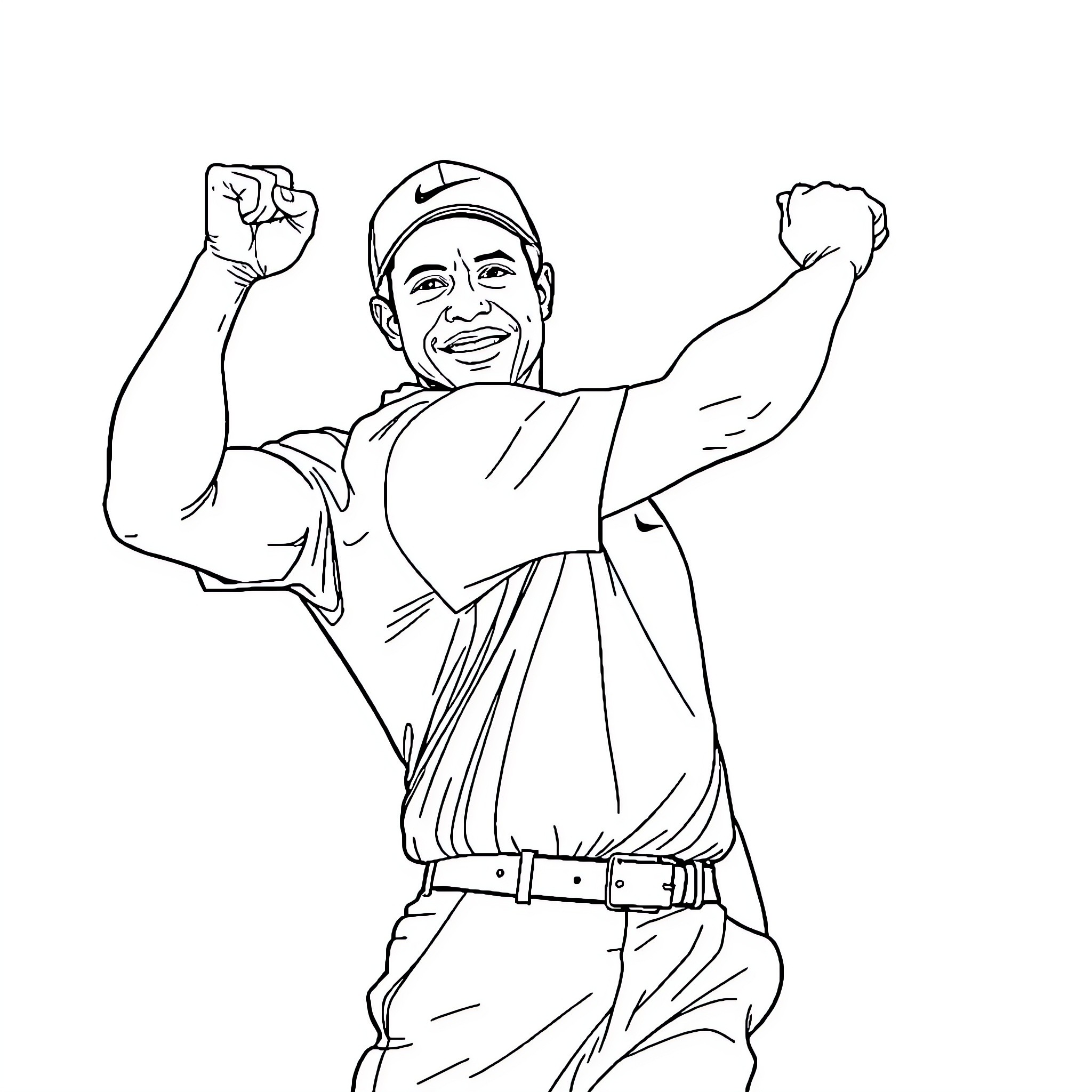 Tiger Woods Celebrating His Victory Coloring Page (free black-and-white line drawing printable PDF for all, from beginners to advanced learners, including children, teens, adults, and seniors)