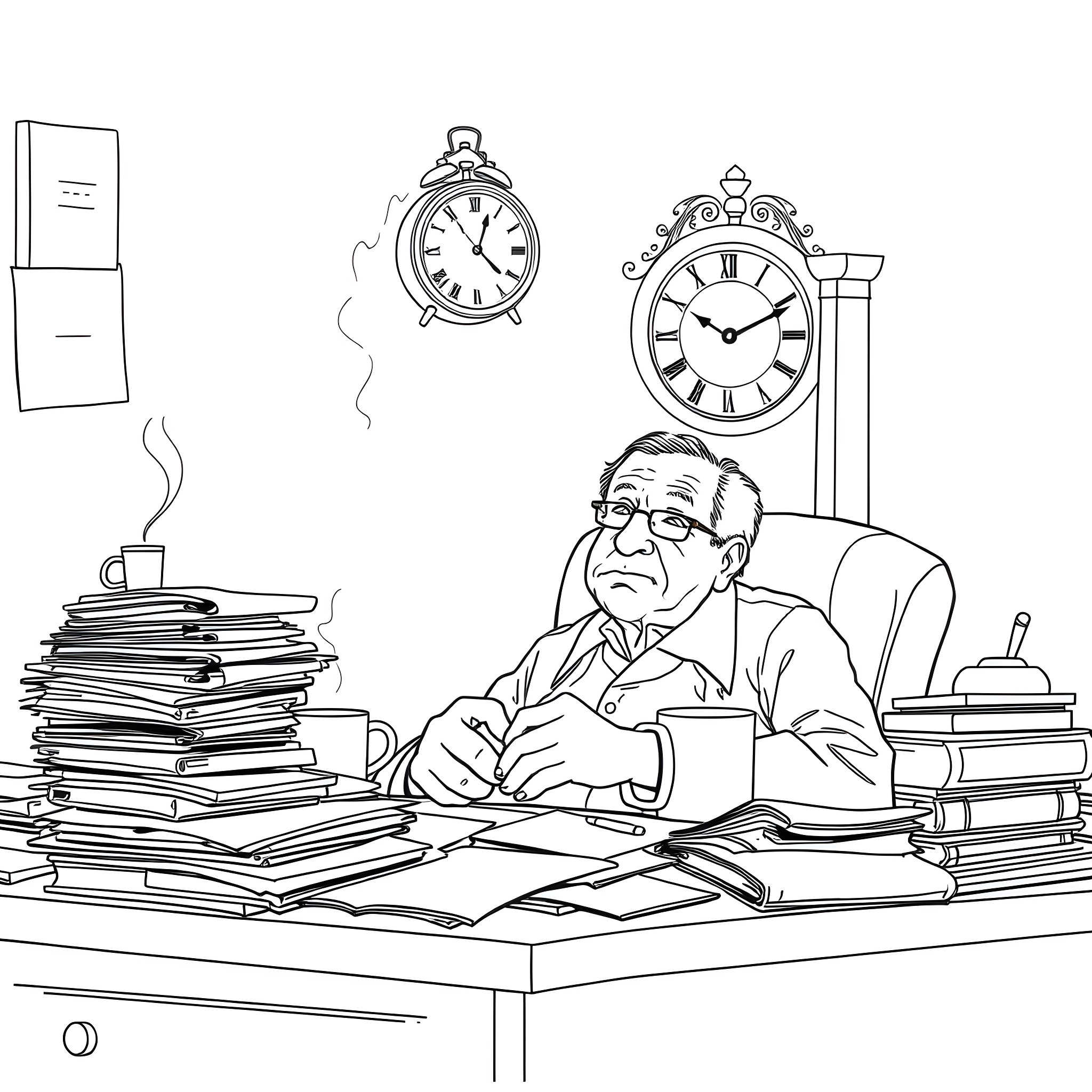 Man working diligently at a cluttered desk Coloring Page (free black-and-white line drawing printable PDF for all, from beginners to advanced learners, including children, teens, adults, and seniors)