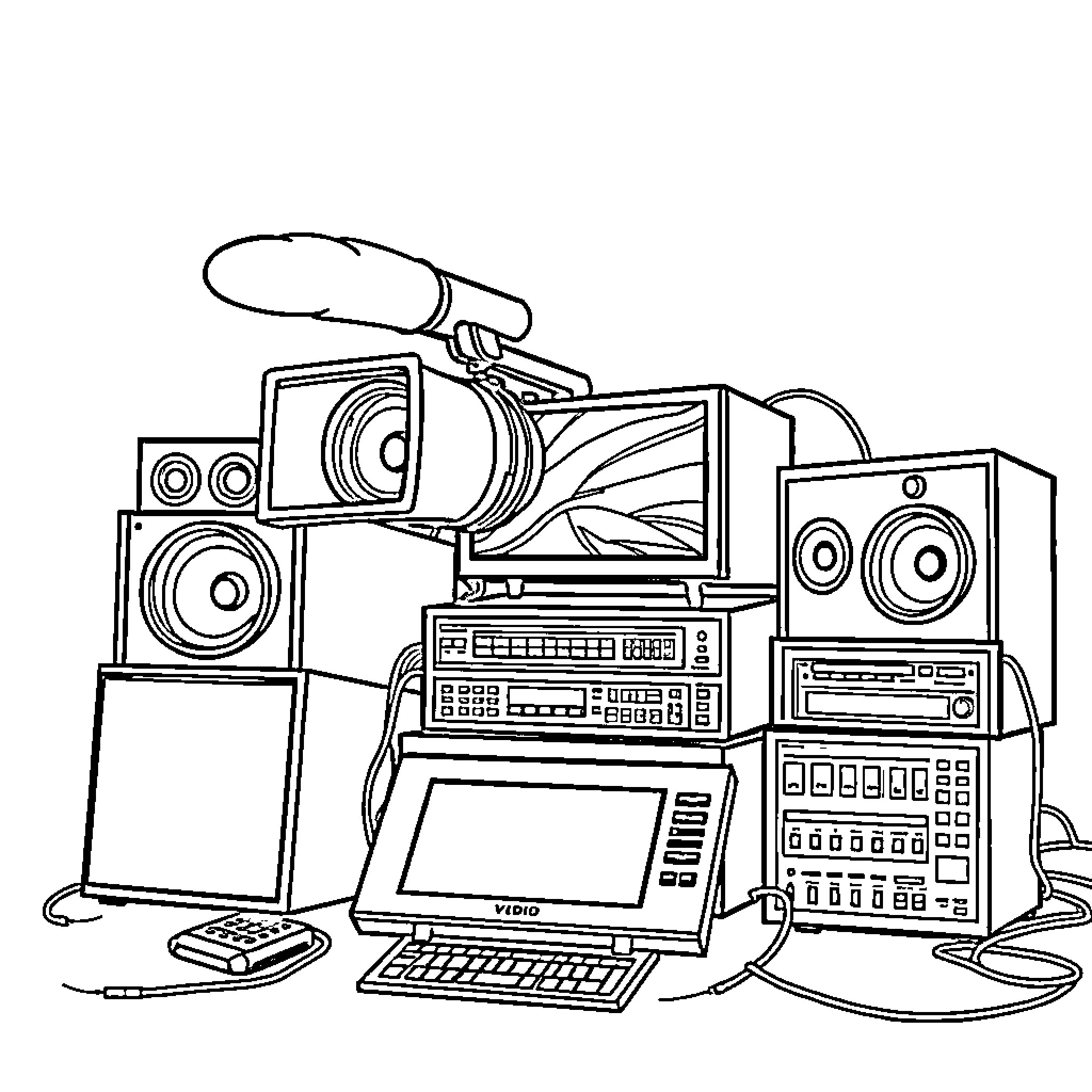 Audio Video and Information Technology Equipment Coloring Page (free black-and-white line drawing printable PDF for all, from beginners to advanced learners, including children, teens, adults, and seniors)