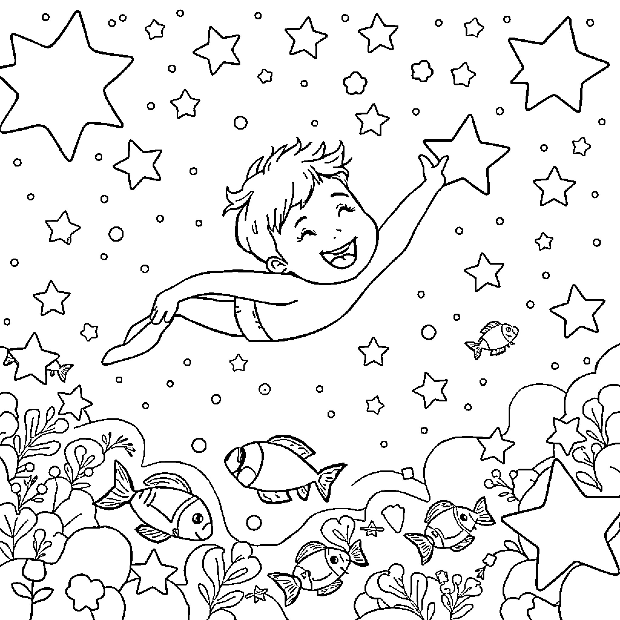 Kid swimming among stars in the night sky Coloring Page (free black-and-white line drawing printable PDF for all, from beginners to advanced learners, including children, teens, adults, and seniors)