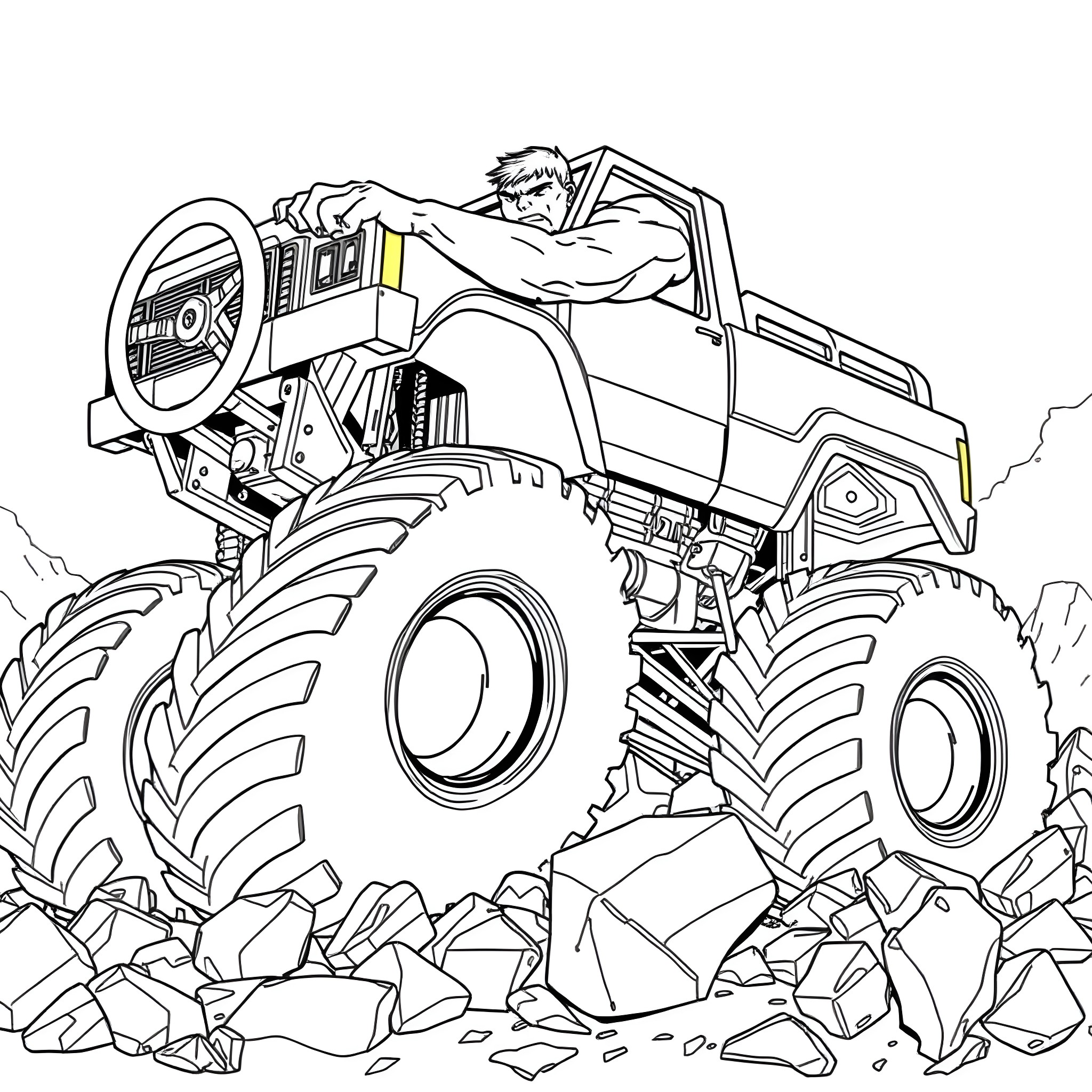 Hulk driving a powerful monster truck over rocky terrain Coloring Page (free black-and-white line drawing printable PDF for all, from beginners to advanced learners, including children, teens, adults, and seniors)