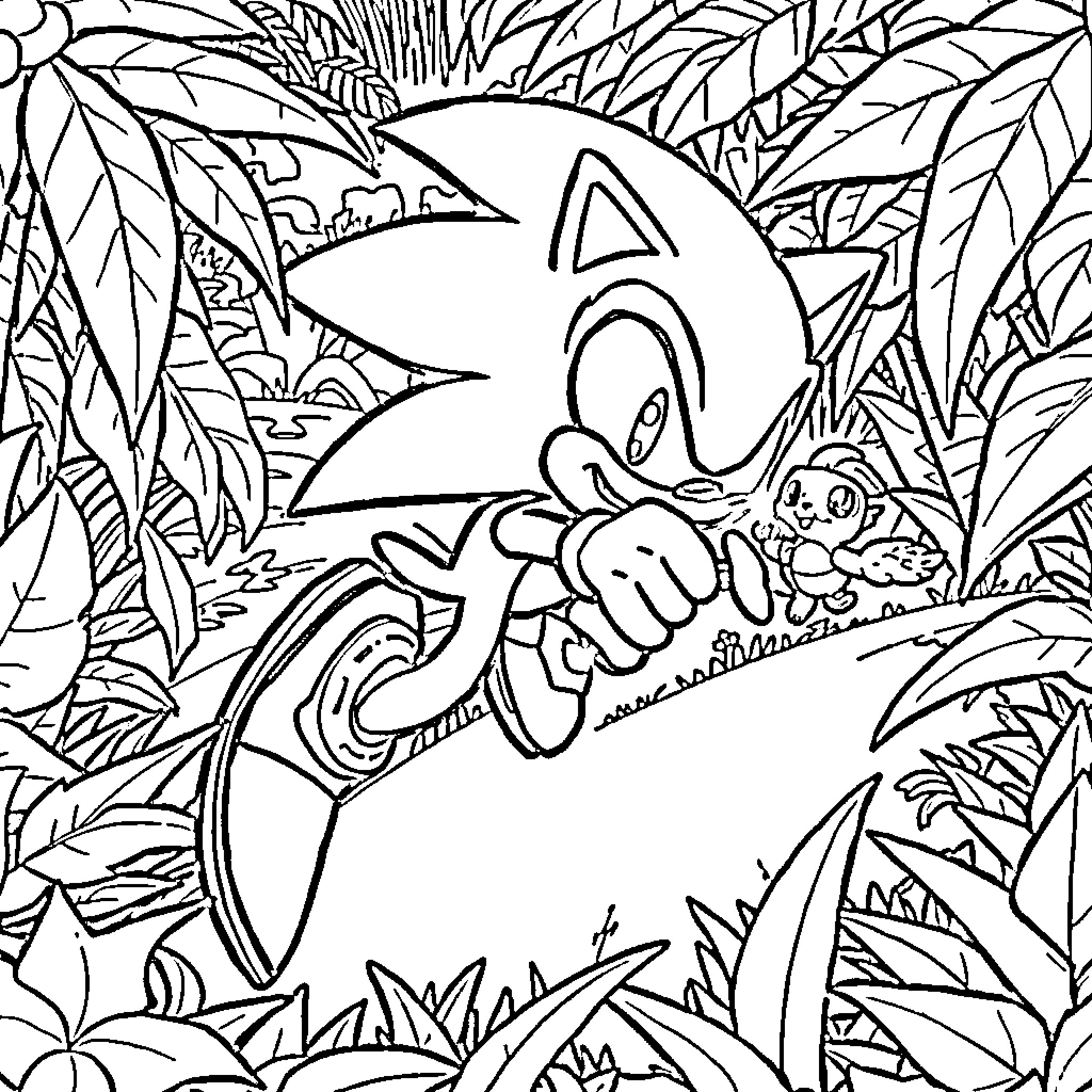 Sonic's Adventure in the Lush Jungle Coloring Page (free black-and-white line drawing printable PDF for all, from beginners to advanced learners, including children, teens, adults, and seniors)