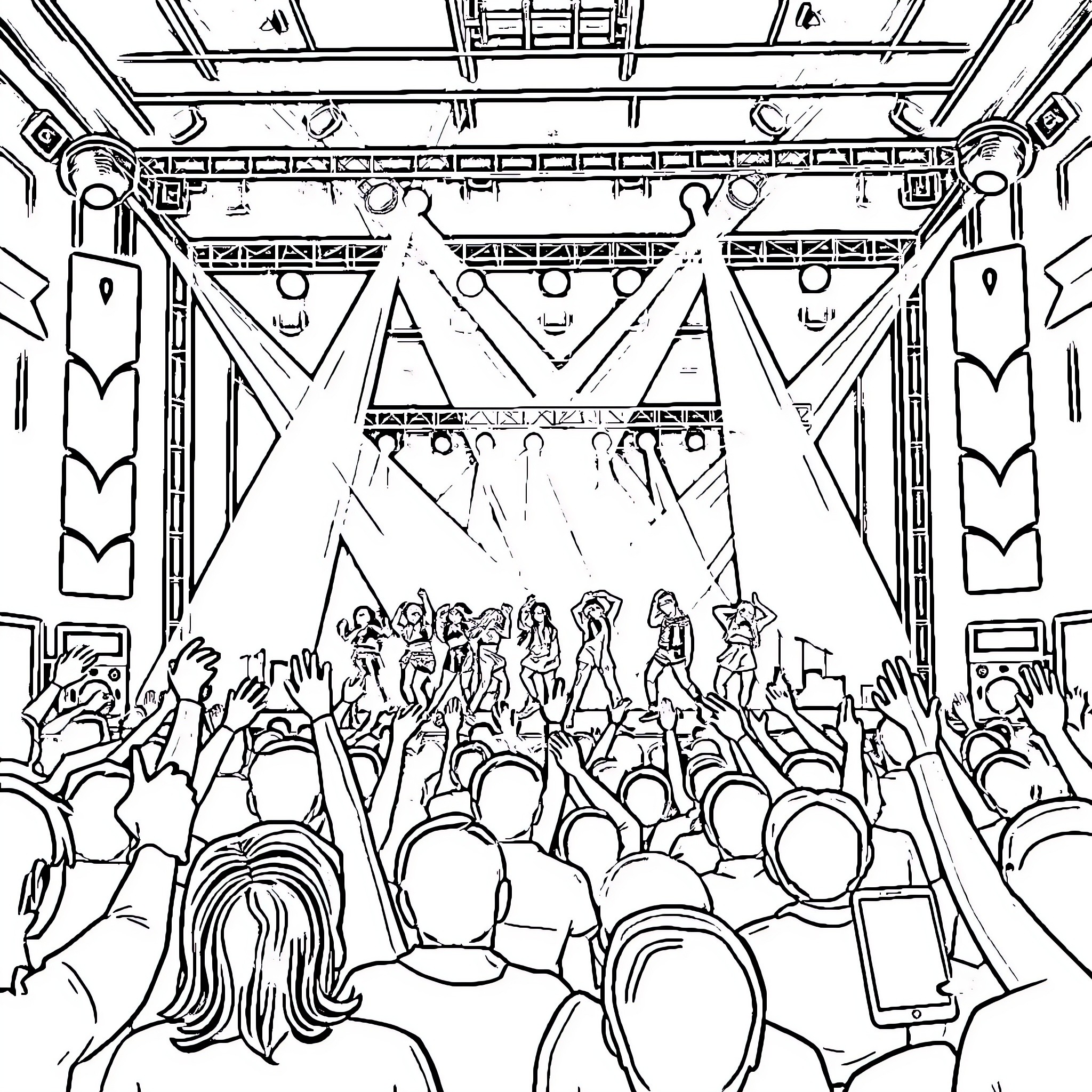 Kpop Concert with Energetic Performers and Enthusiastic Audience Coloring Page (free black-and-white line drawing printable PDF for all, from beginners to advanced learners, including children, teens, adults, and seniors)