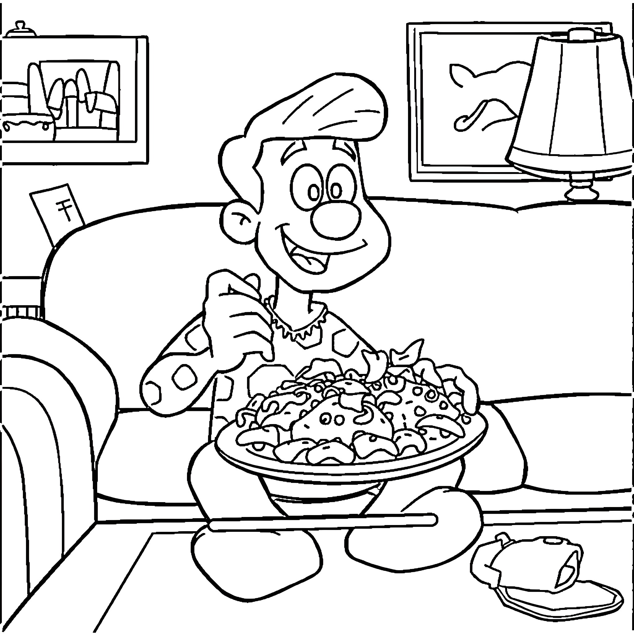 Steve Enjoys a Hearty Meal Coloring Page (free black-and-white line drawing printable PDF for all, from beginners to advanced learners, including children, teens, adults, and seniors)