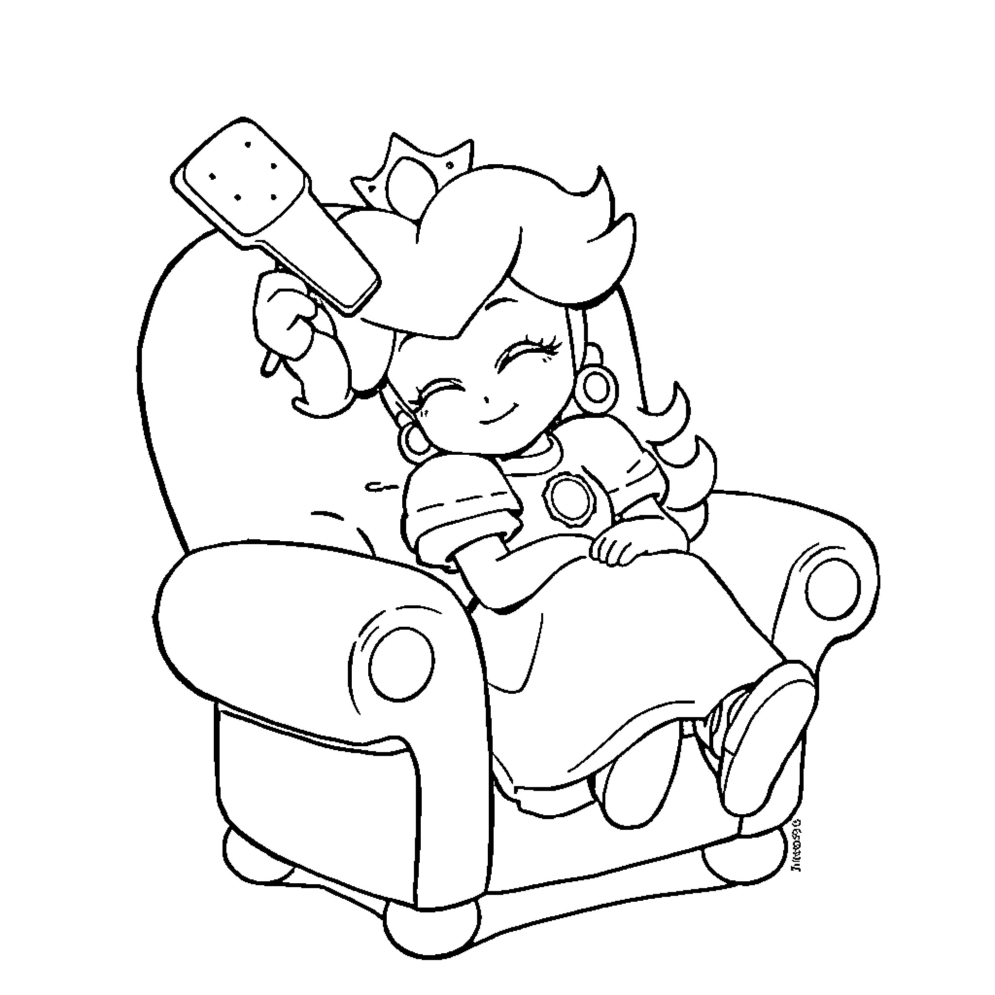 Princess Relaxing Happily on a Comfy Chair Coloring Page (free black-and-white line drawing printable PDF for all, from beginners to advanced learners, including children, teens, adults, and seniors)
