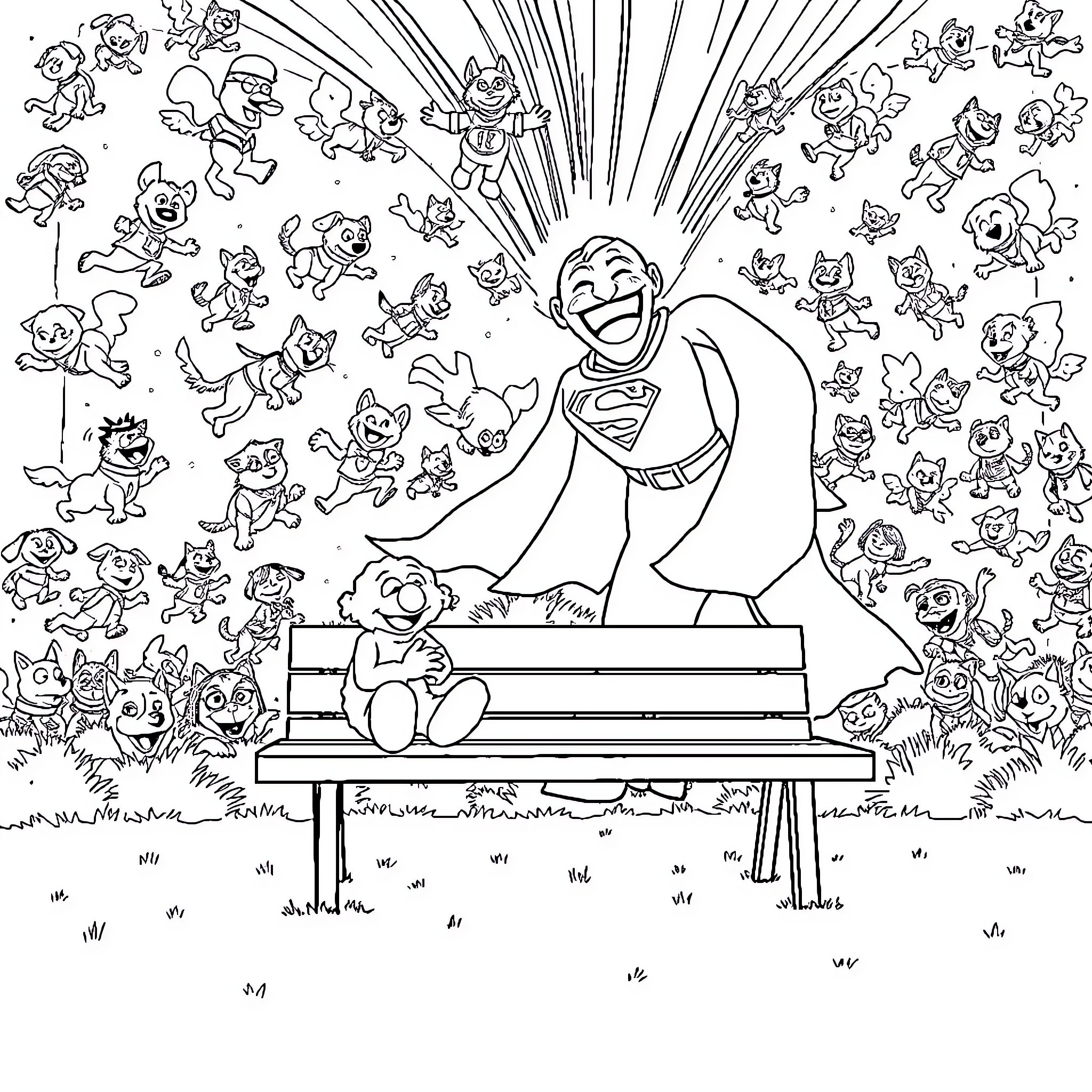 Elmo surrounded by joyful characters on a sunny day Coloring Page (free black-and-white line drawing printable PDF for all, from beginners to advanced learners, including children, teens, adults, and seniors)