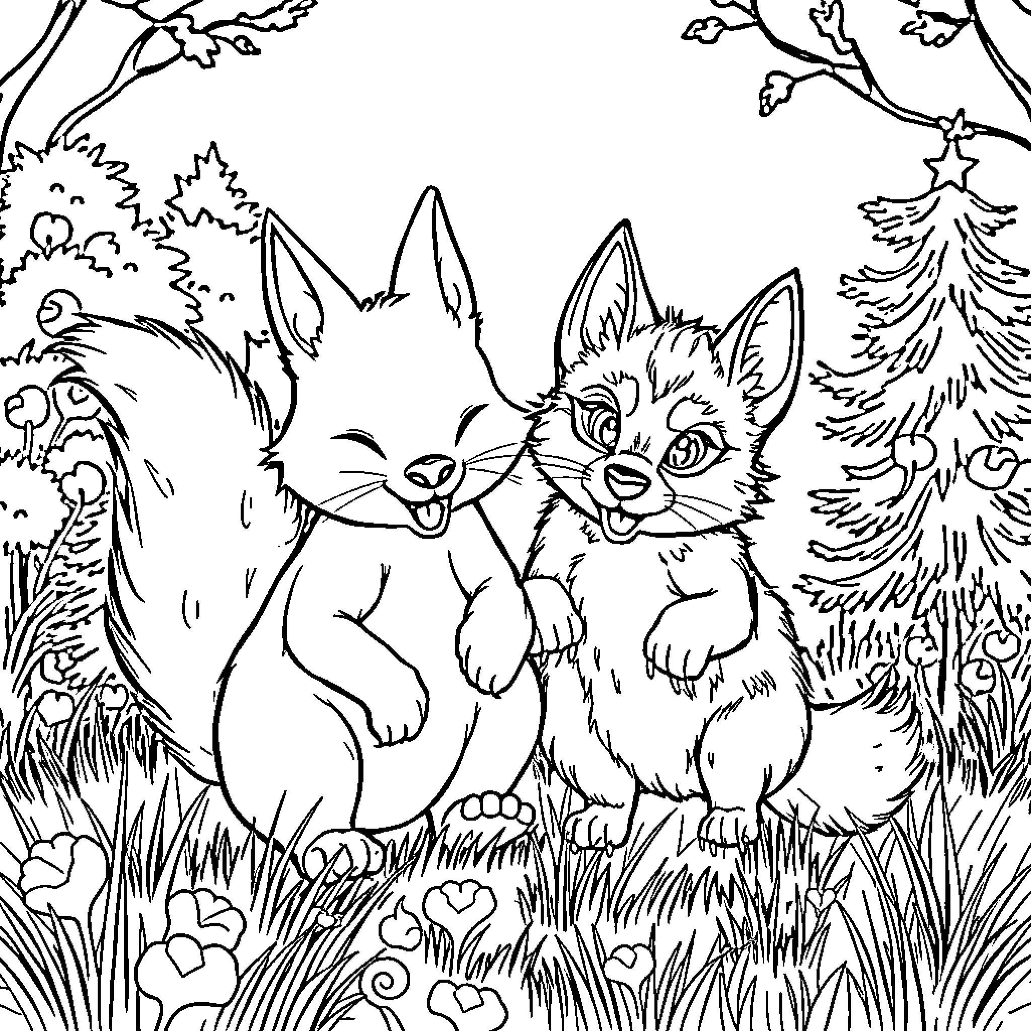 Rabbit companions in the forest Coloring Page (free black-and-white line drawing printable PDF for all, from beginners to advanced learners, including children, teens, adults, and seniors)