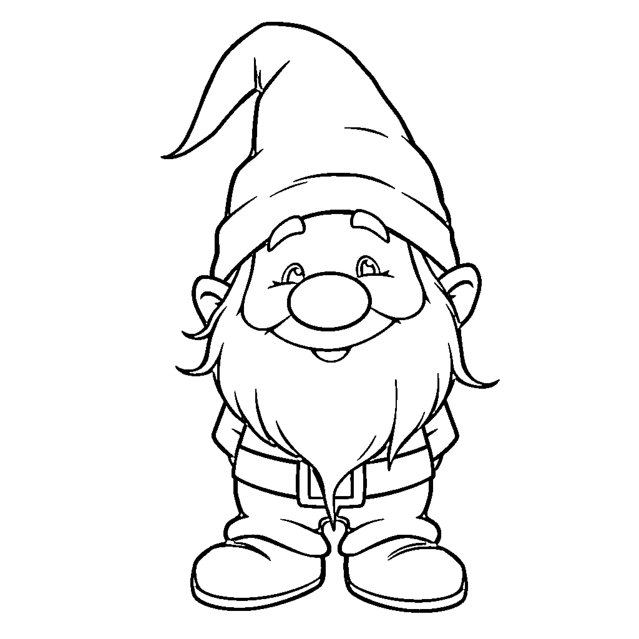 Gnome with a cheerful expression and friendly appearance Coloring Page (free black-and-white line drawing printable PDF for all, from beginners to advanced learners, including children, teens, adults, and seniors)